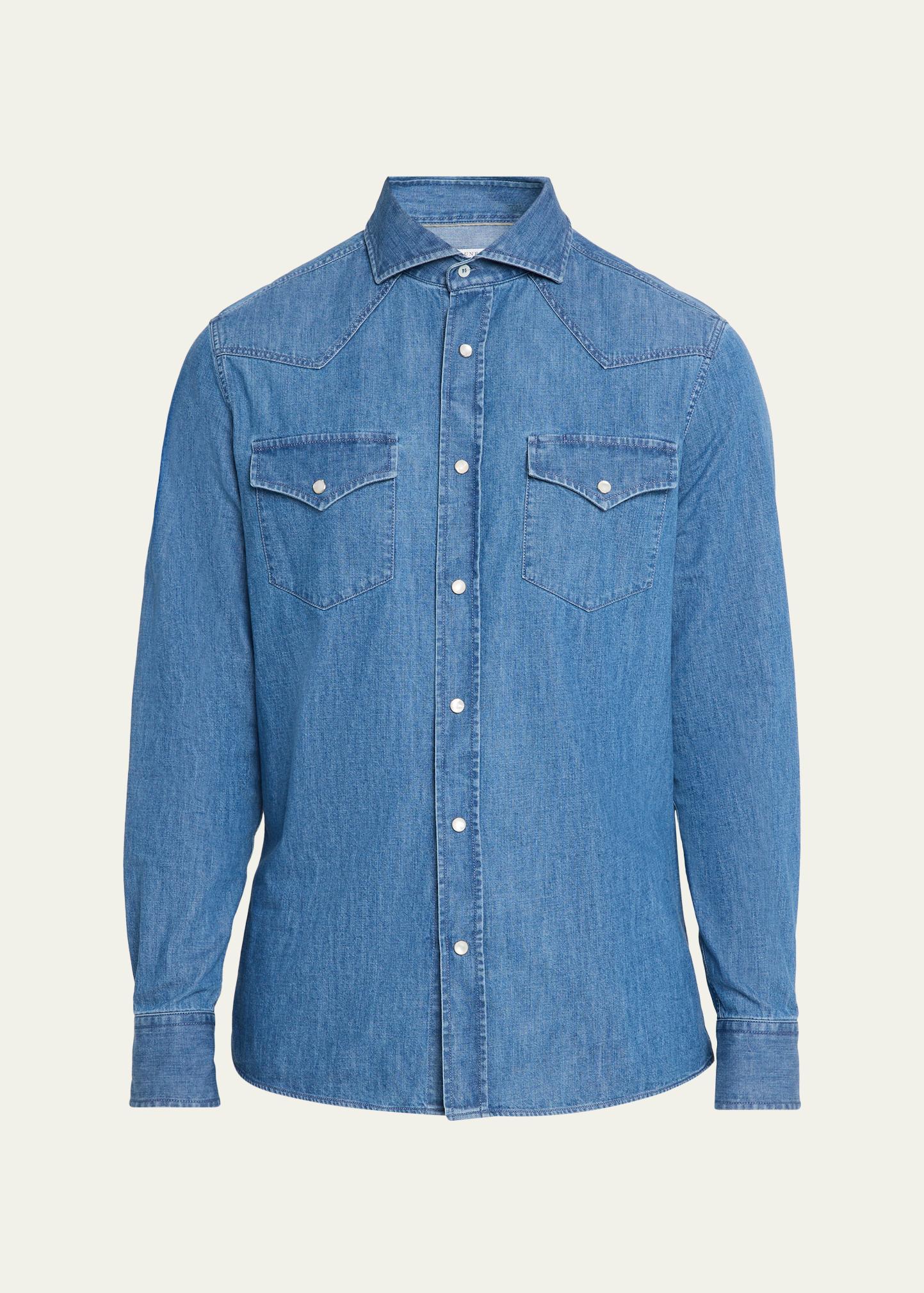 Brunello Cucinelli Men's Denim Flap-Pocket Western Sport Shirt