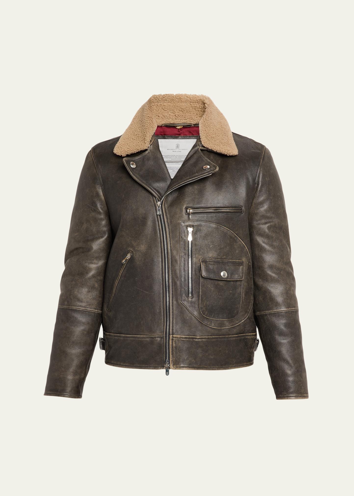 Brunello Cucinelli Men's Leather Moto Jacket with Detachable