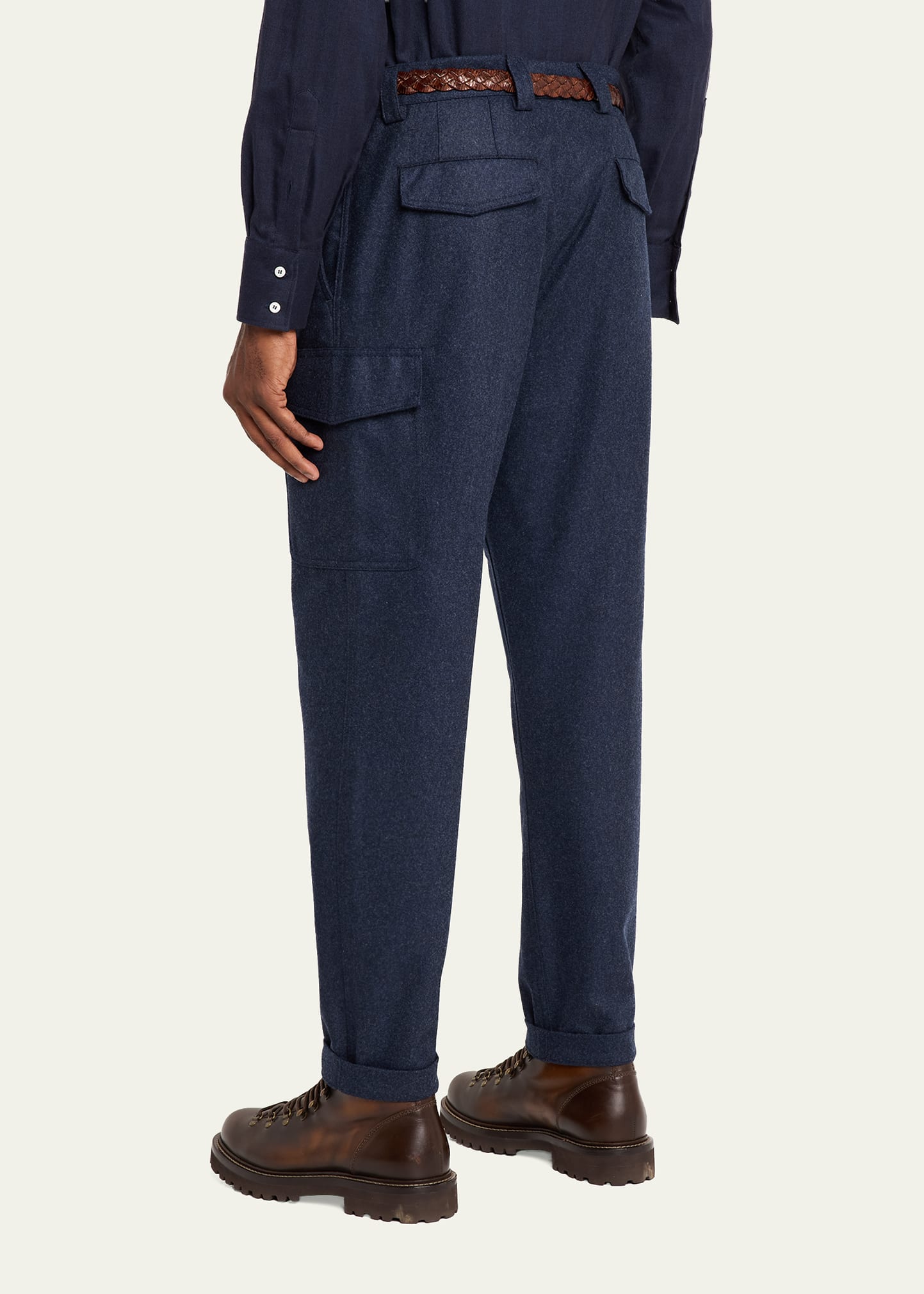Brunello Cucinelli Men's Wool Flannel Tapered Leg Cargo Pants