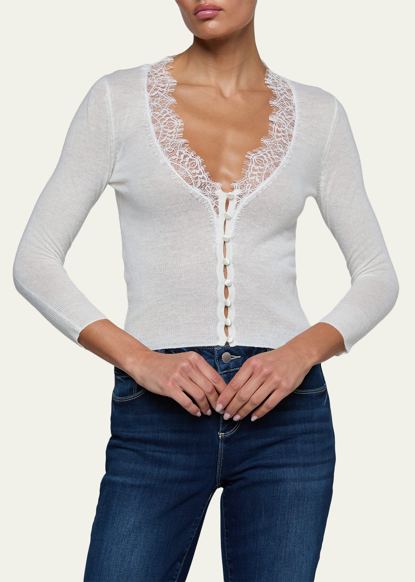 L'Agence Eluna Lace-Trim Cardigan - Bergdorf Goodman