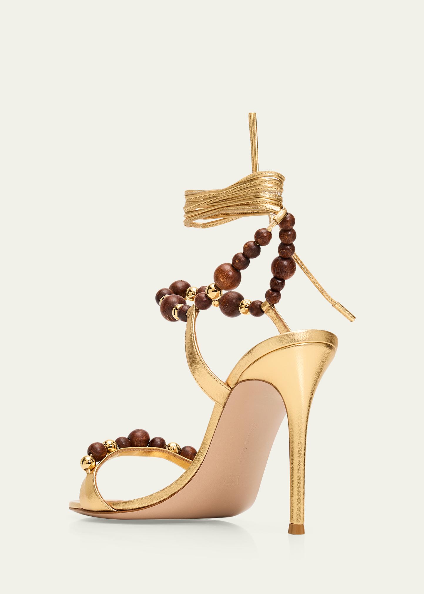 Gianvito Rossi 95mm Beaded Metallic Nappa Leather Ankle-Tie