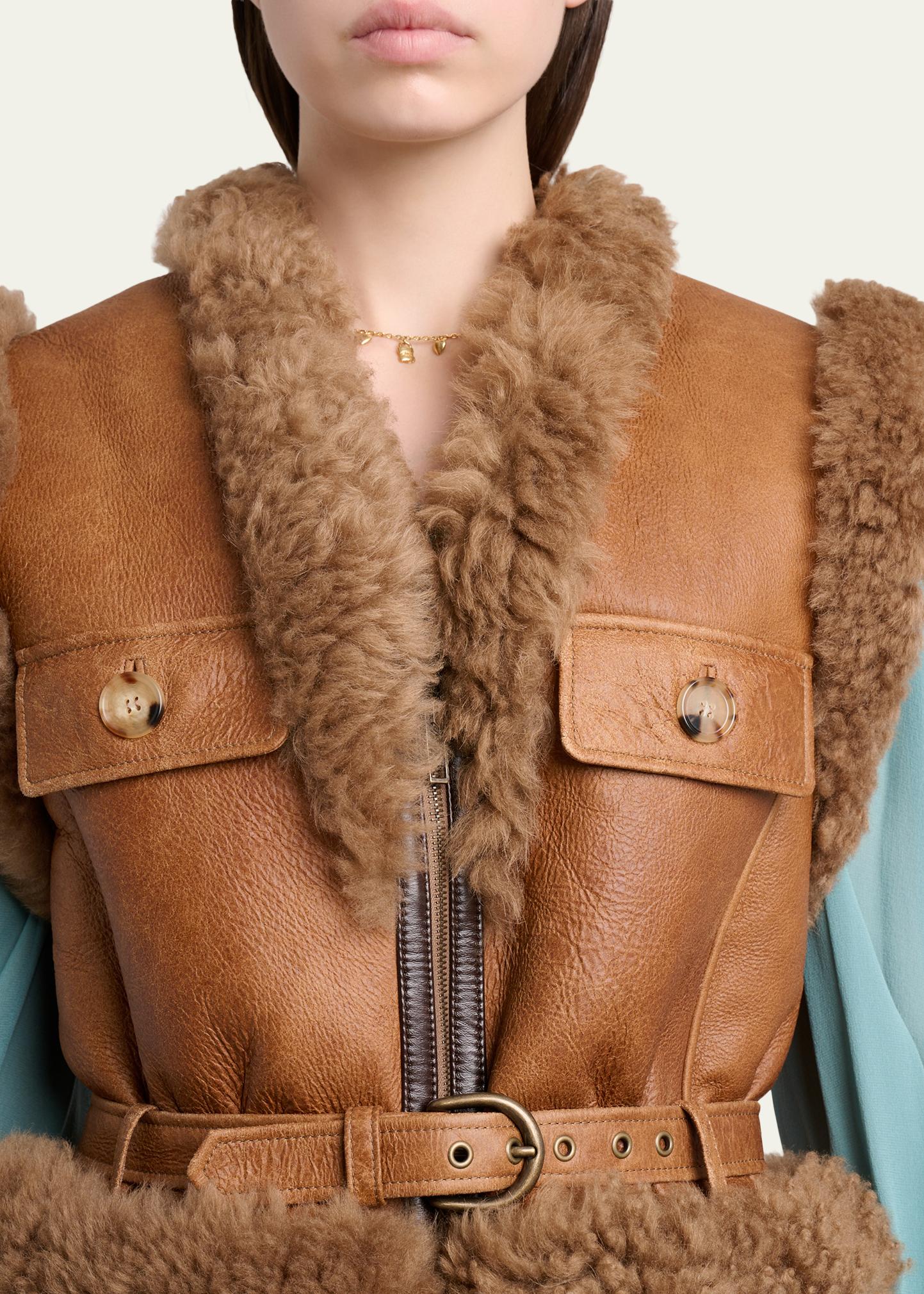 美品 conchiglie check vest tunic ロージーモンスター Chloe Lamb Shearling Belted Vest - Bergdorf Goodman