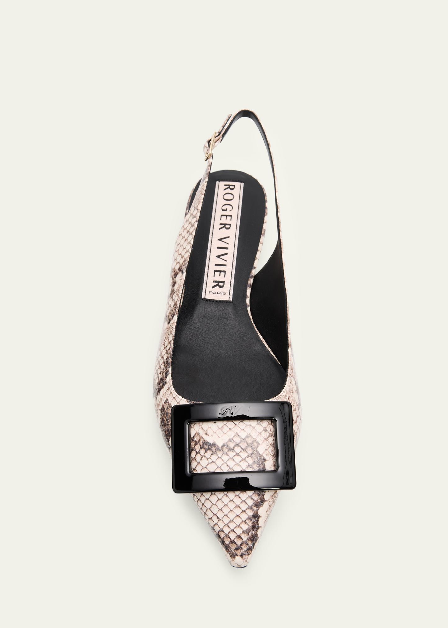 Roger Vivier Gommettine Snake-Embossed Leather Slingback Flats
