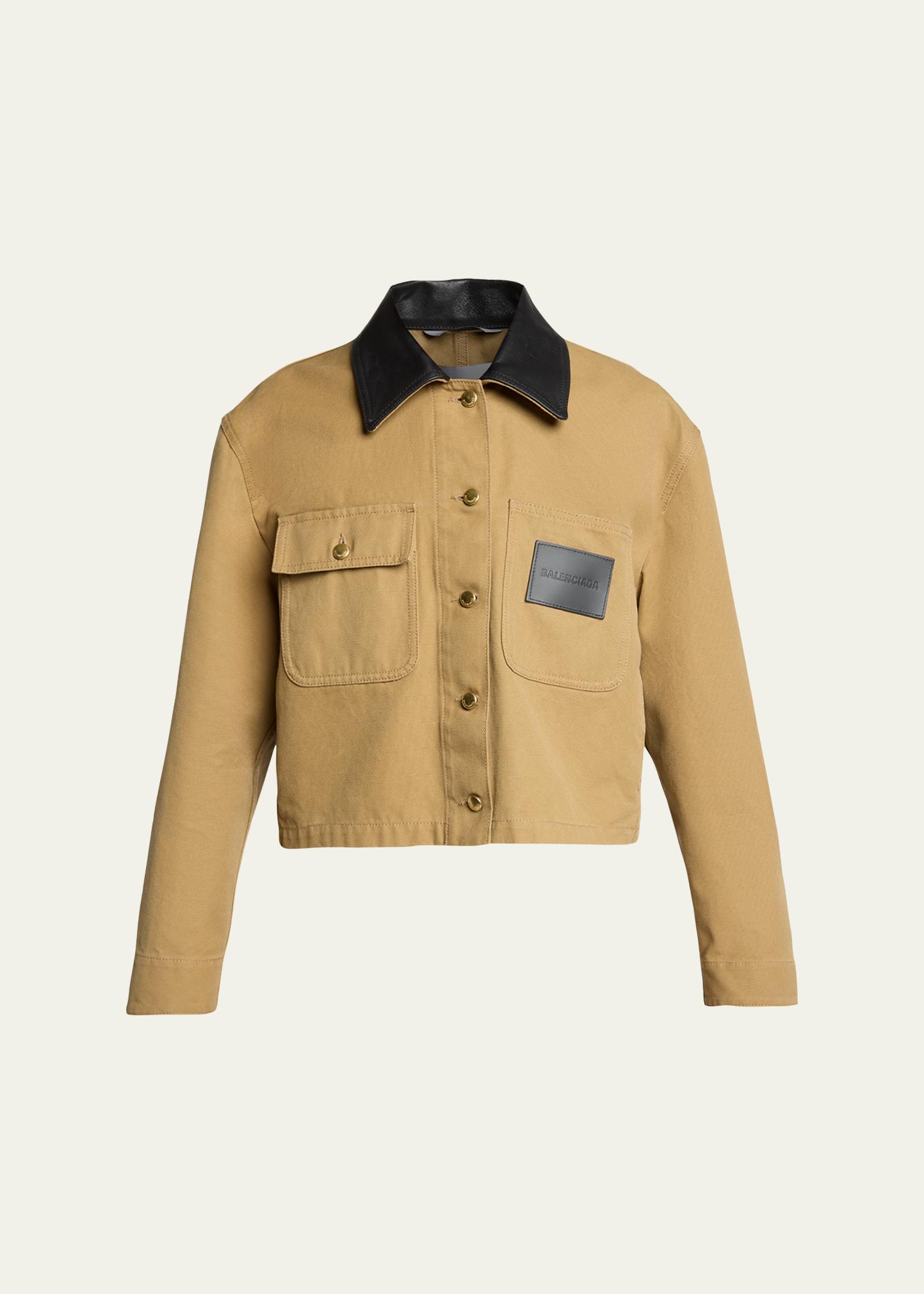 Balenciaga Leather-Collar Cropped Canvas Workwear Jacket