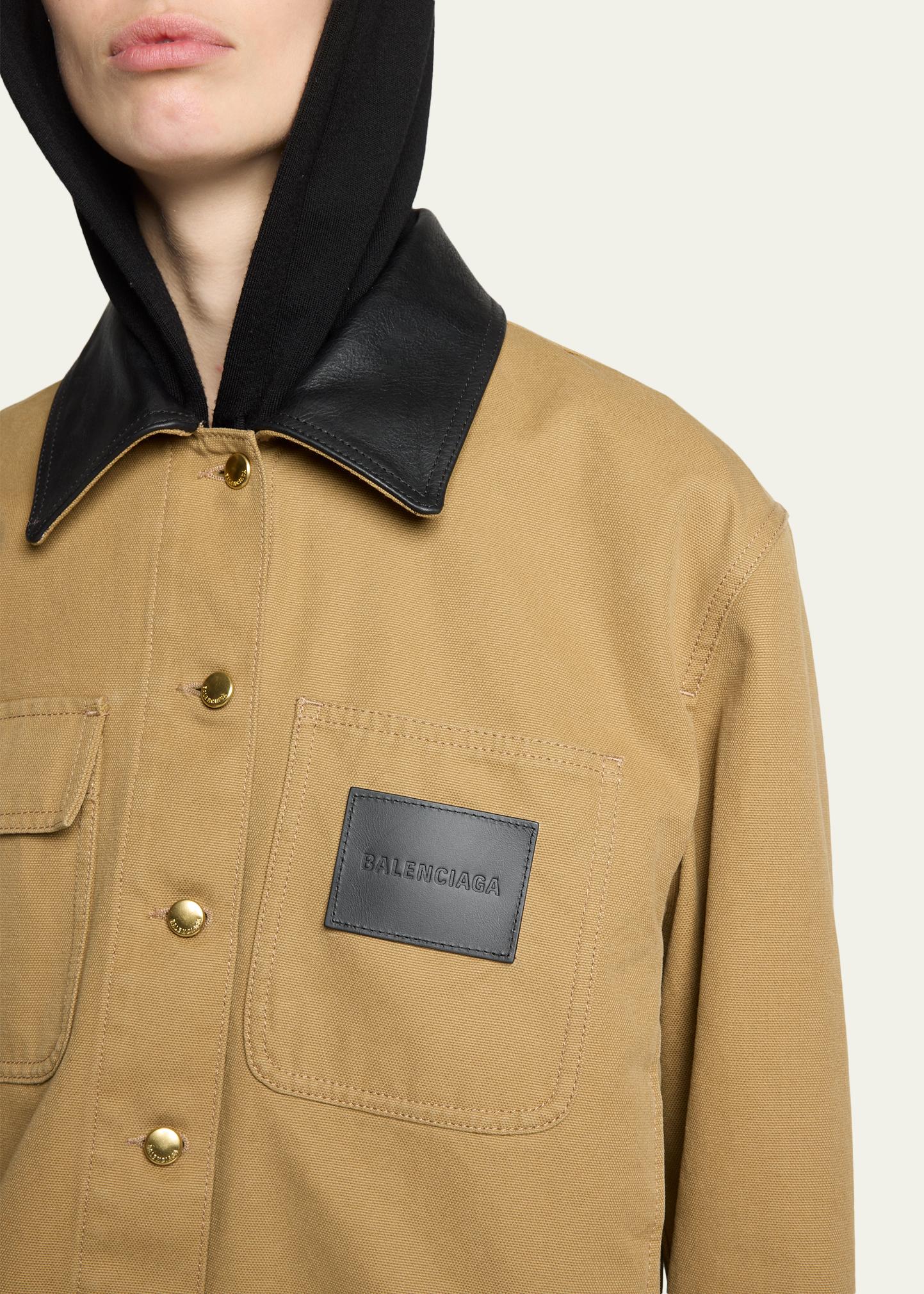 BALENCIAGA WARDROBE テーラードジャケット 44 深オリーブ Balenciaga Leather-Collar Cropped Canvas Workwear Jacket