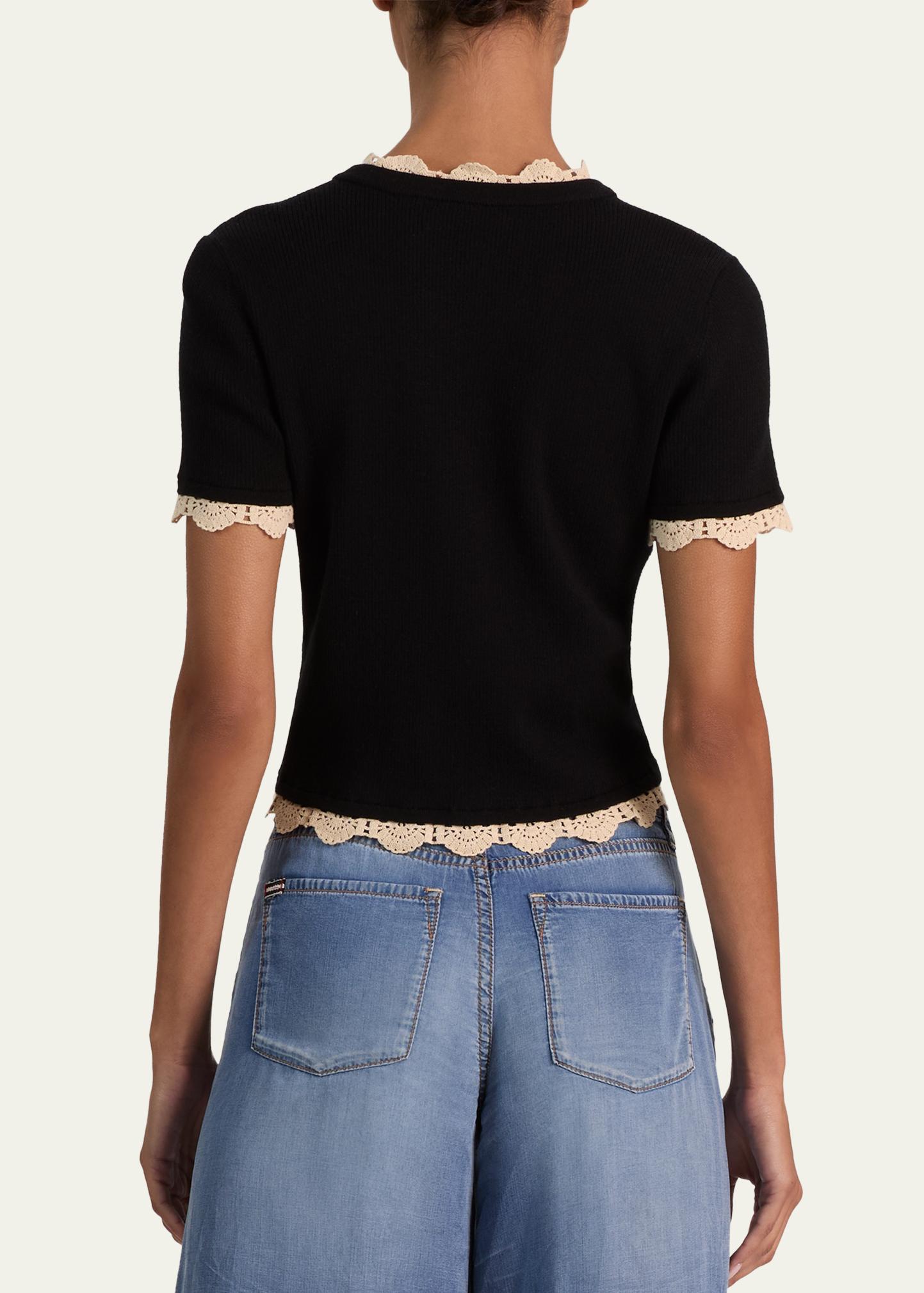 ALICE + OLIVIA Ciara Crochet-Trim Ribbed Cardigan - Bergdorf Goodman