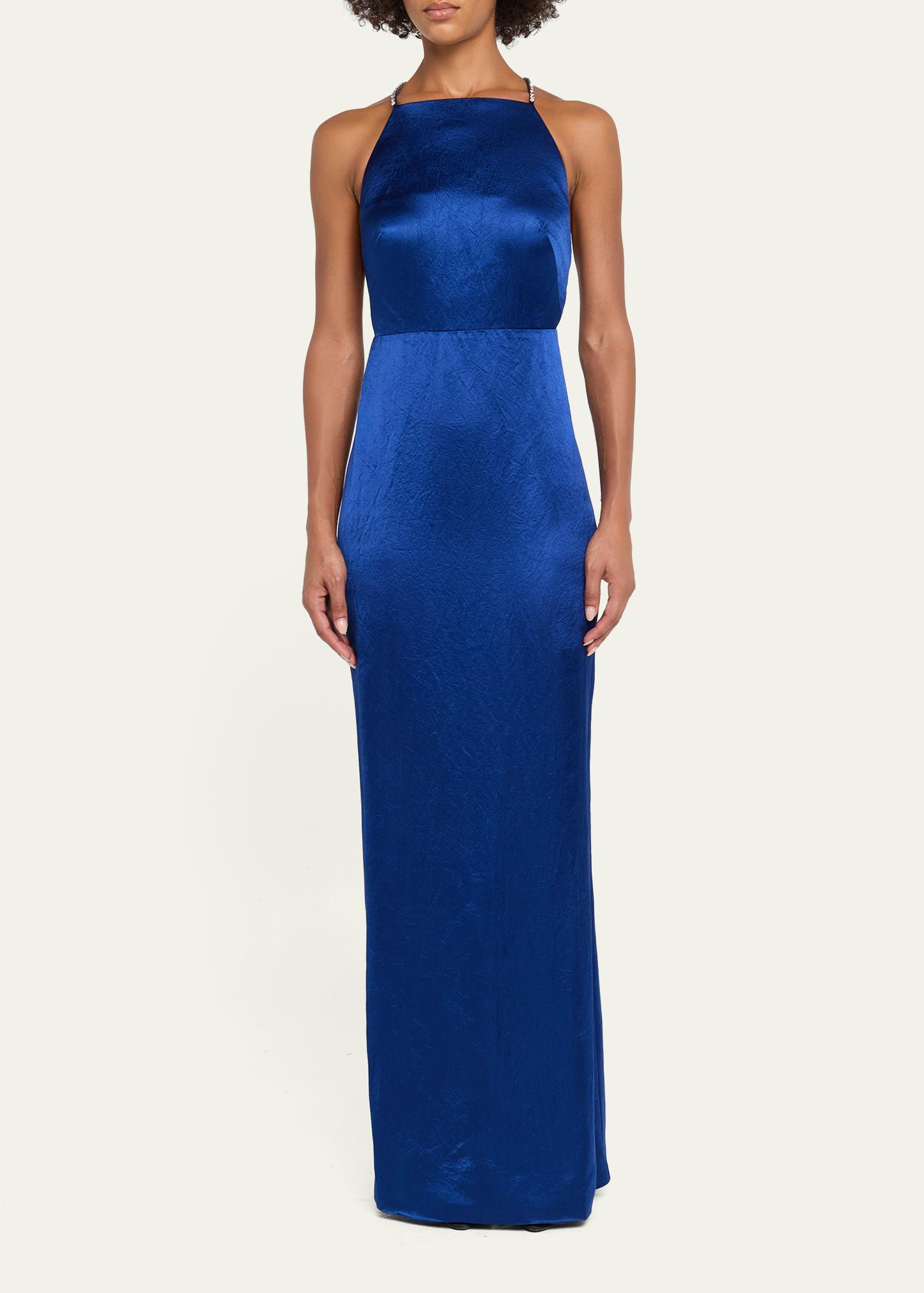 jason wu blue halter dress Collection Crystal Strappy Backless Satin Apron Gown Festive party mini dress