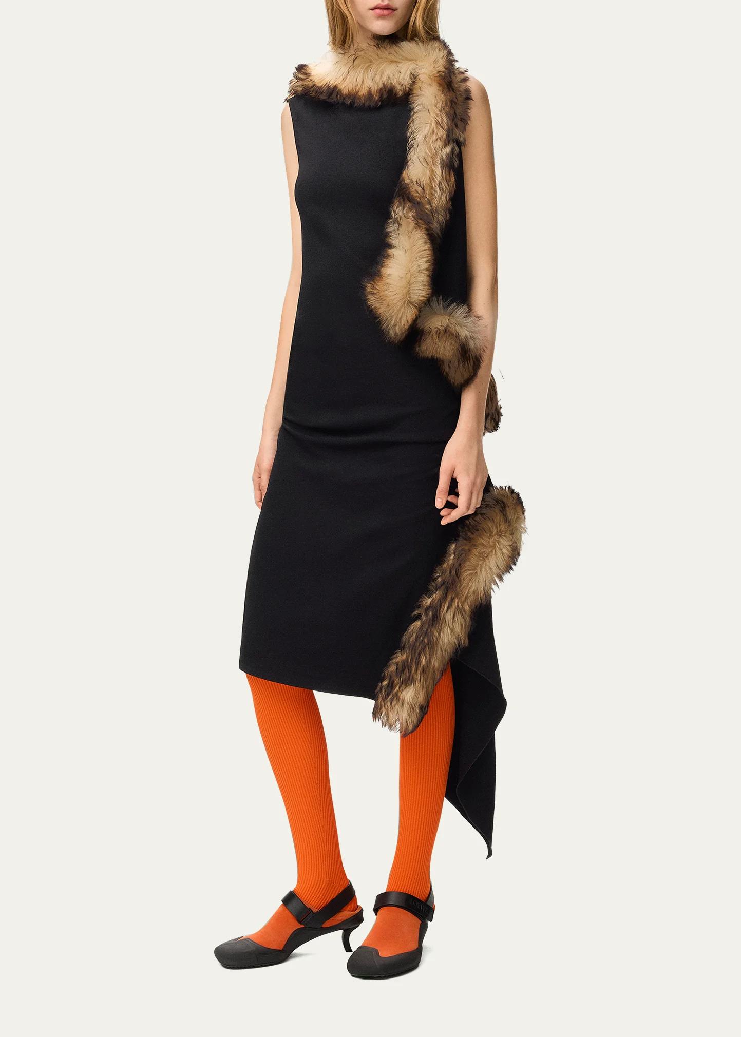LOEWE Lamb Shearling-Trim Draped Asymmetric Midi Dress - Bergdorf