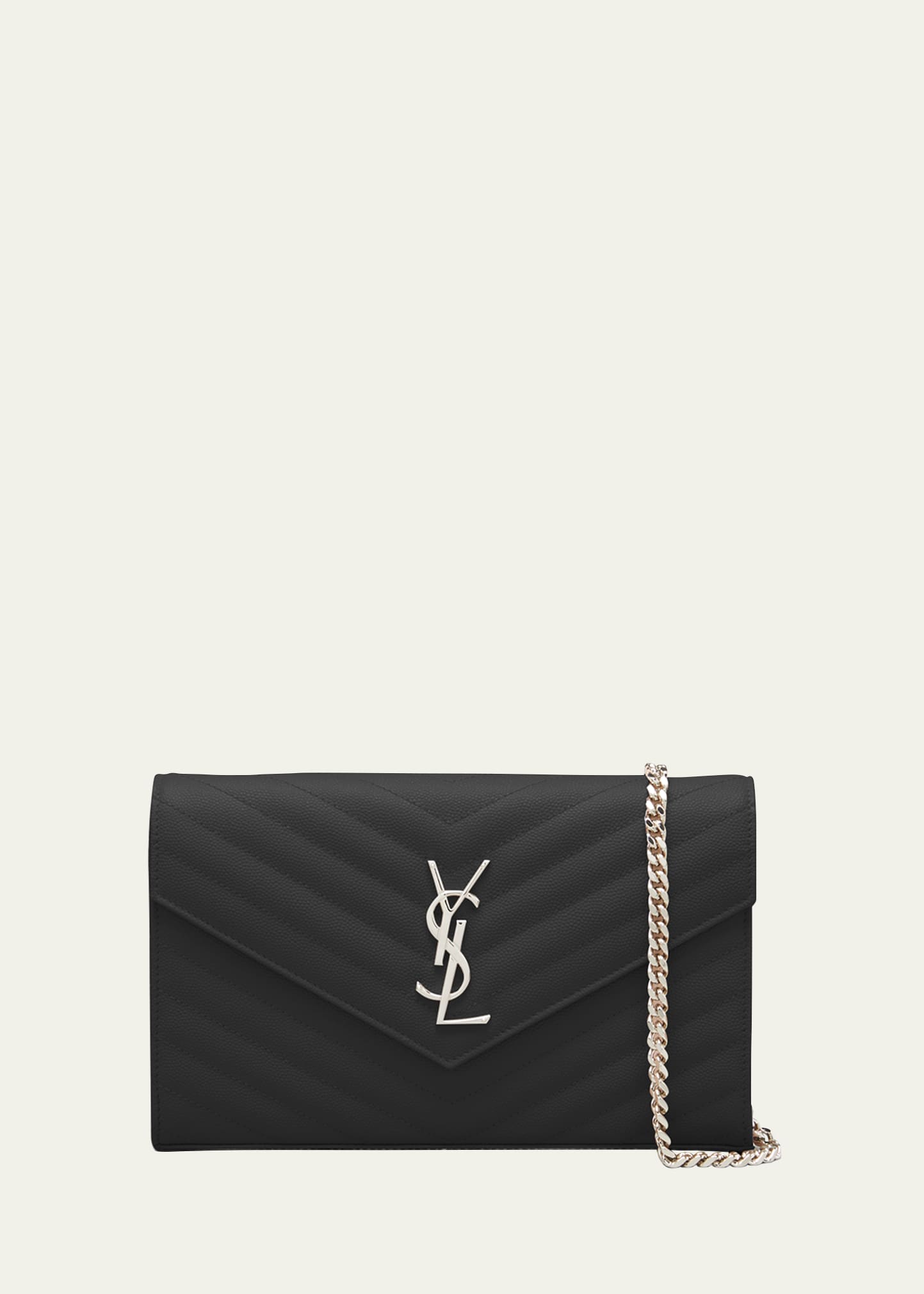 Saint Laurent Monogram Ysl Large Grain de Poudre Leather Wallet on Chain Light Sage