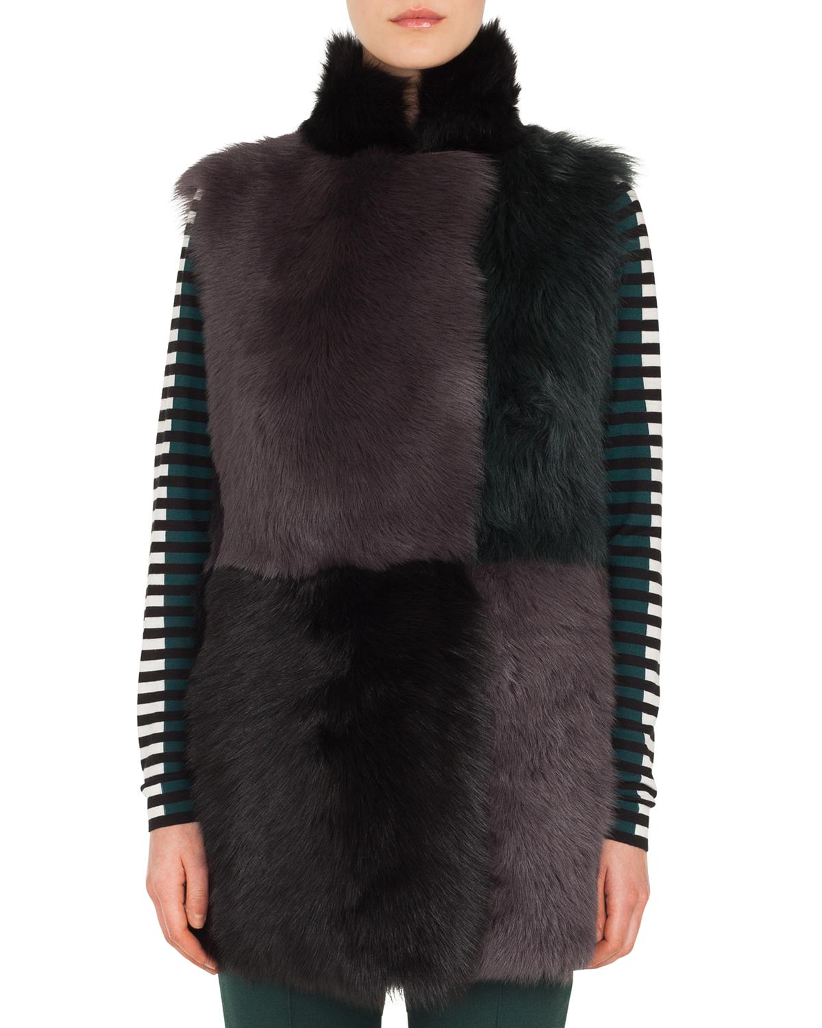 Akris punto Long Colorblocked Toscana Lamb Fur Vest
