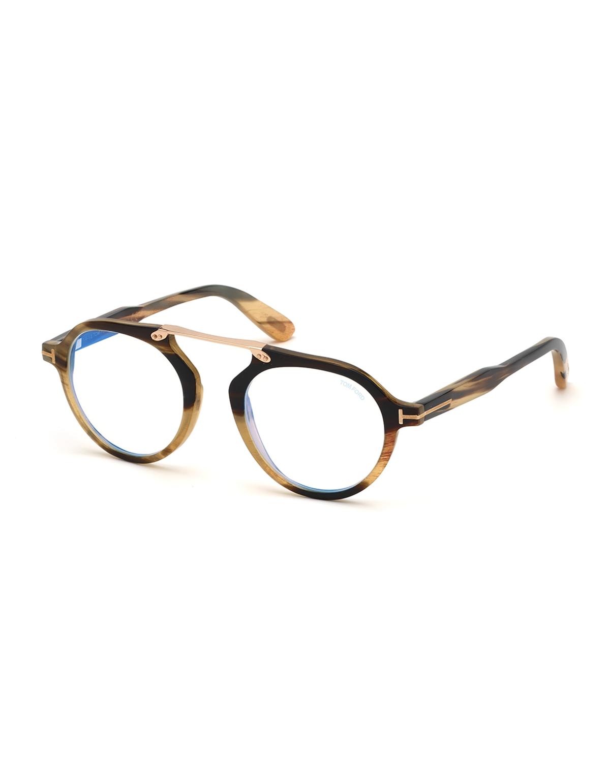 TOM FORD Men's Tom N.15 Shiny Horn Round Blue-Blocking Glasses