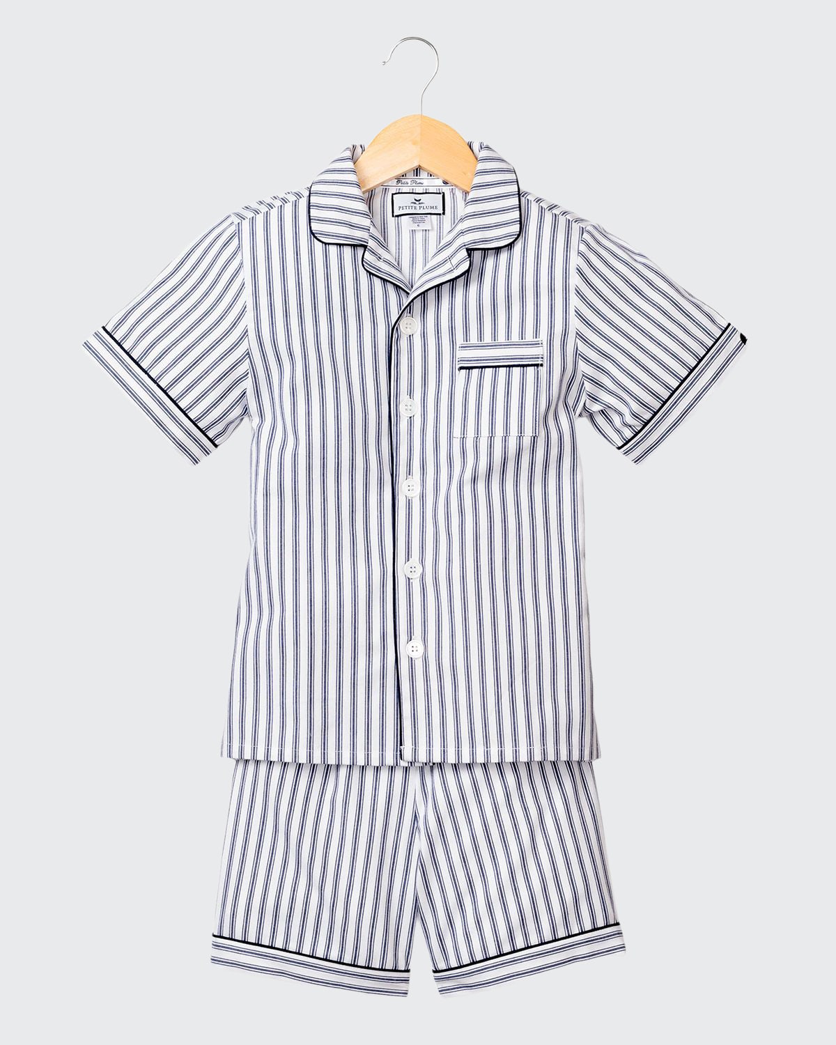 Petite Plume Kid's French Ticking Striped Pajama Set w/ Contrast Piping, Size 6M-14