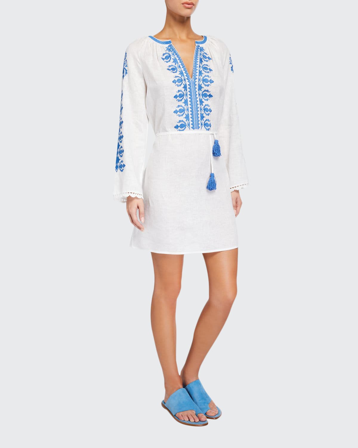 sachin and babi light blue dress Tory Burch Gabriella Embroidered Floral Boho Dress Lace Navy Swiss Dot XS