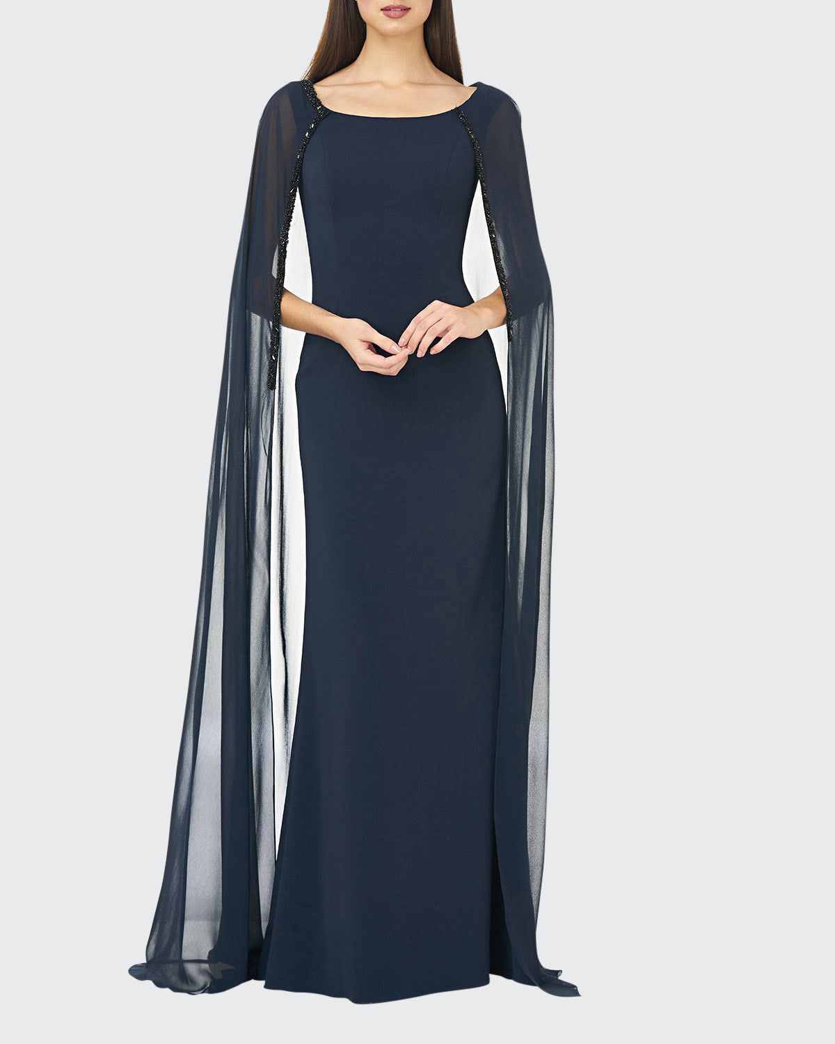 Boat Neck Crepe Column Gown with Chiffon Cape Beaded Trim