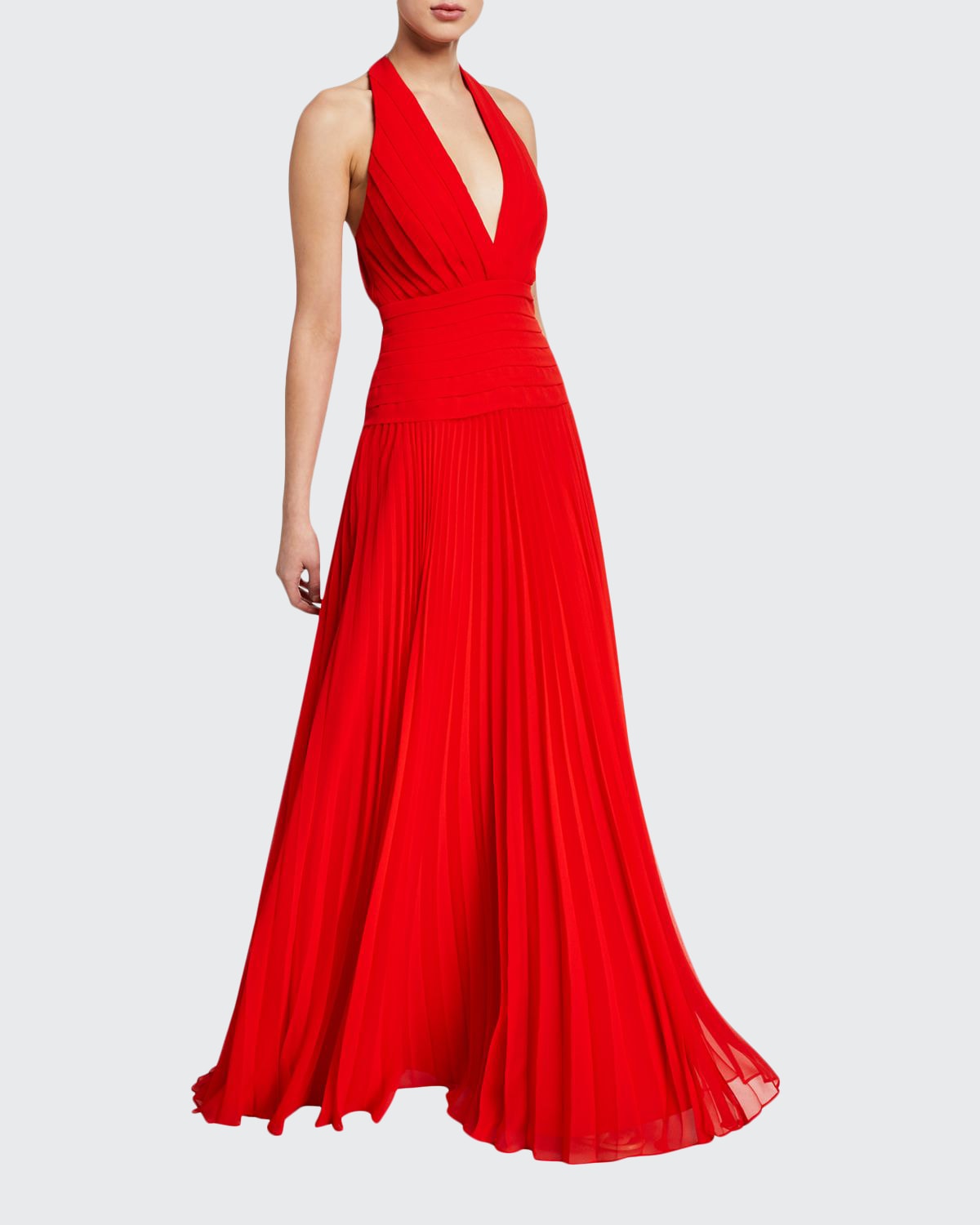 Halston Pleated Georgette Halter Gown