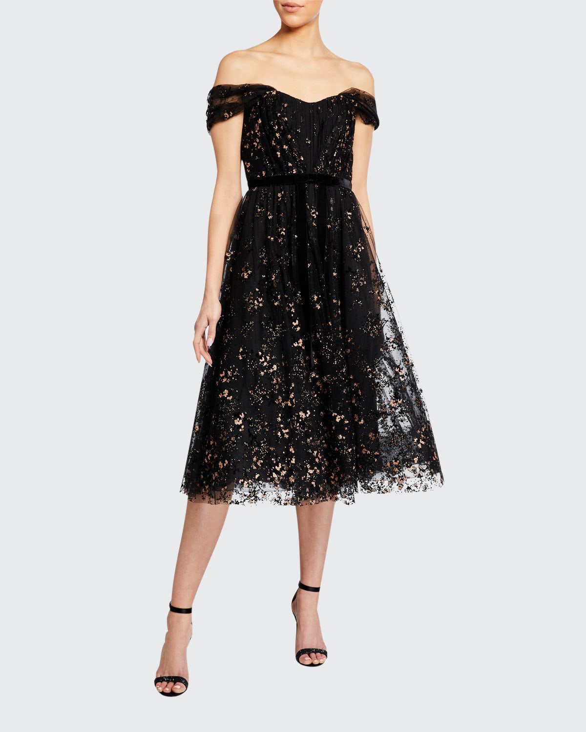 Glitter tulle one-shoulder midi dress marchesa notte best sale