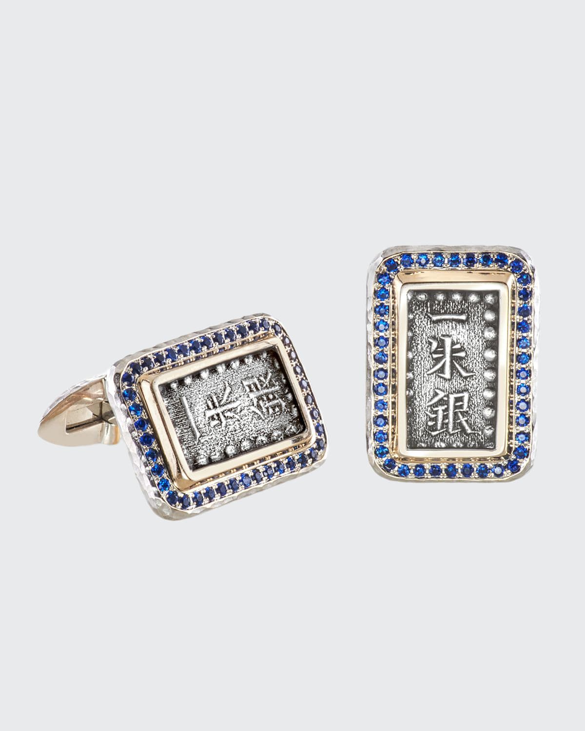 Jorge Adeler 18K White Gold Ancient, Authentic Samurai Coin And Blue Sapphire Cufflinks