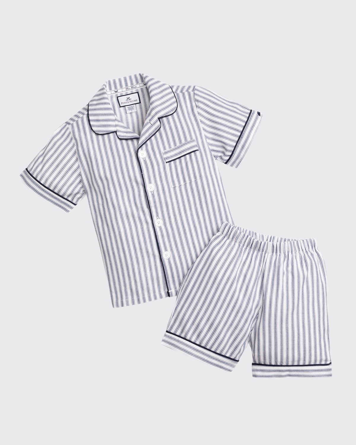 Petite Plume Boy's French Ticking Striped Pajama Set w/ Contrast Piping, Size 6M-14