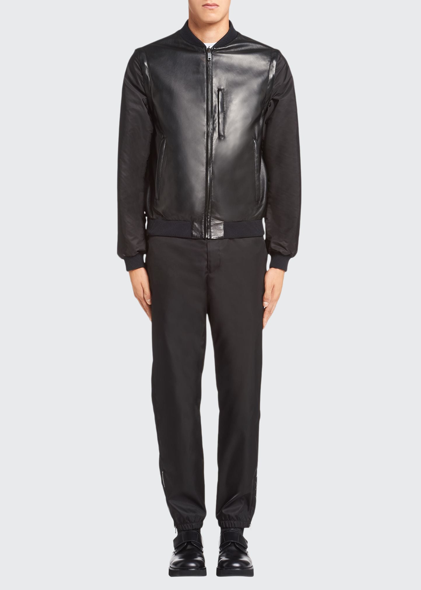 Prada Men's Reversible Leather/Nylon Bomber Jacket w/ Removable Sleeves