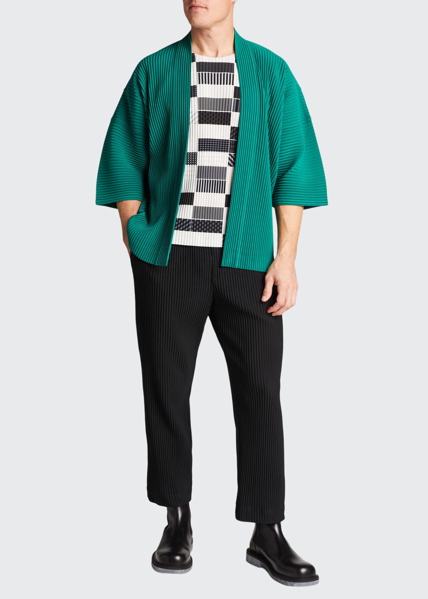 Homme Plisse Issey Miyake Men's Pleated 3/4-Sleeve Kimono Shirt