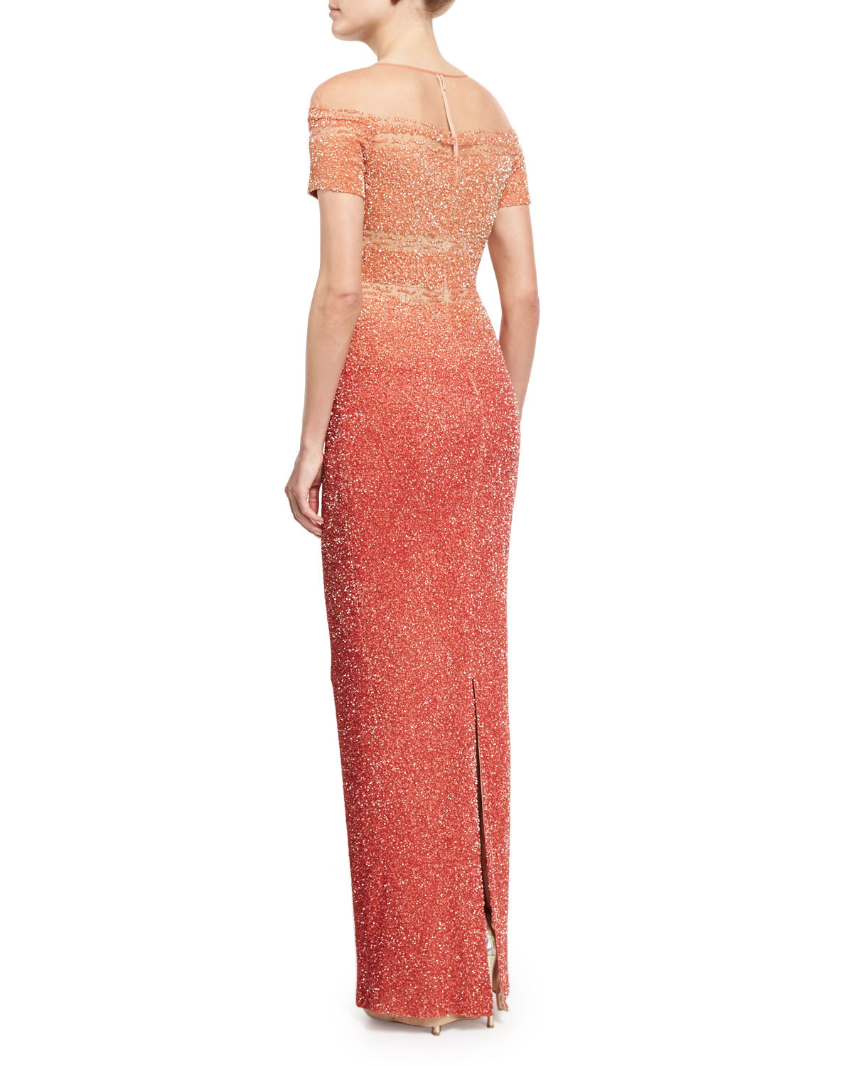 Pamella Roland Signature Degrade Sequined Column Gown Champagne