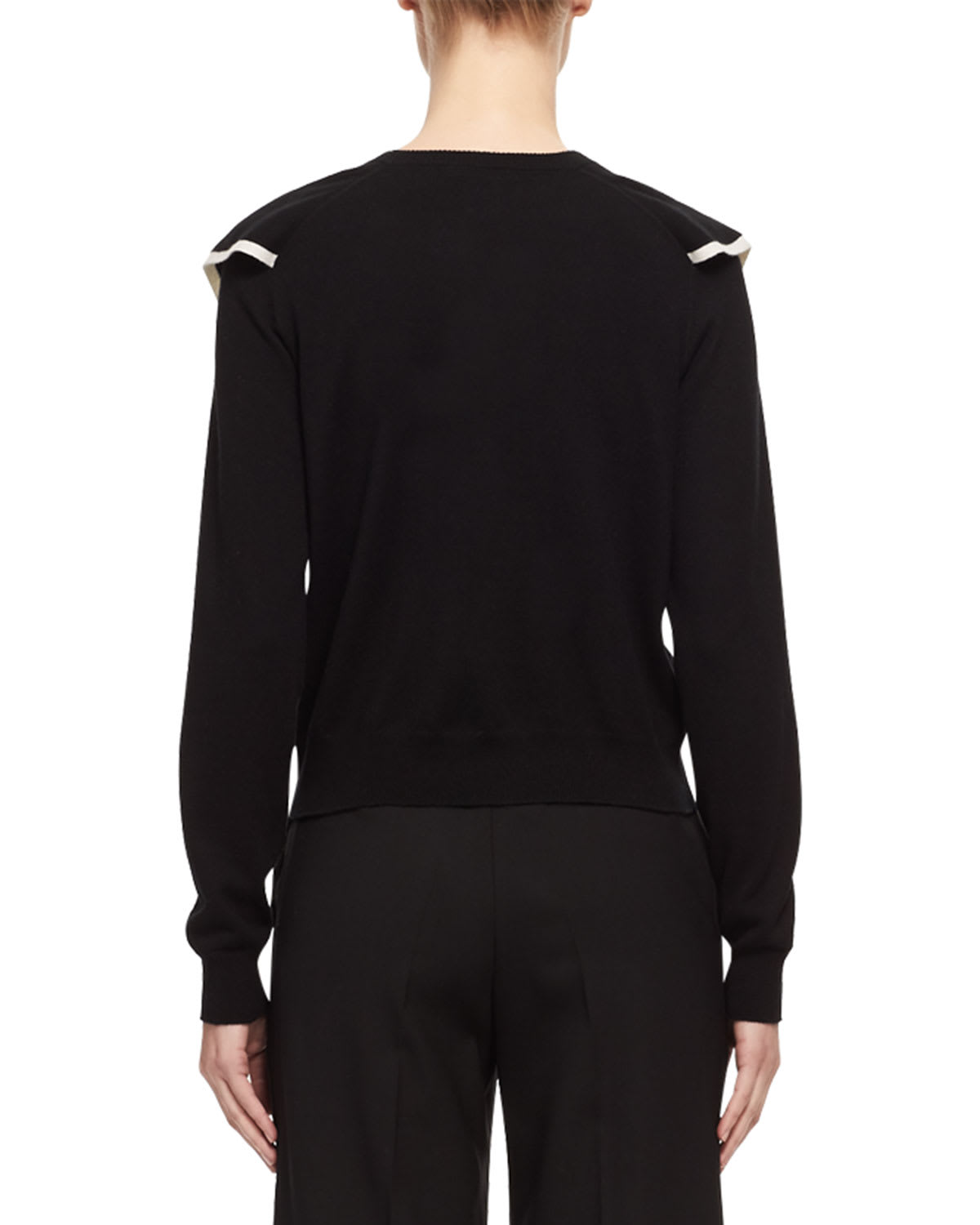 Chloe RuffleFront CashmereCotton Sweater, Black/White
