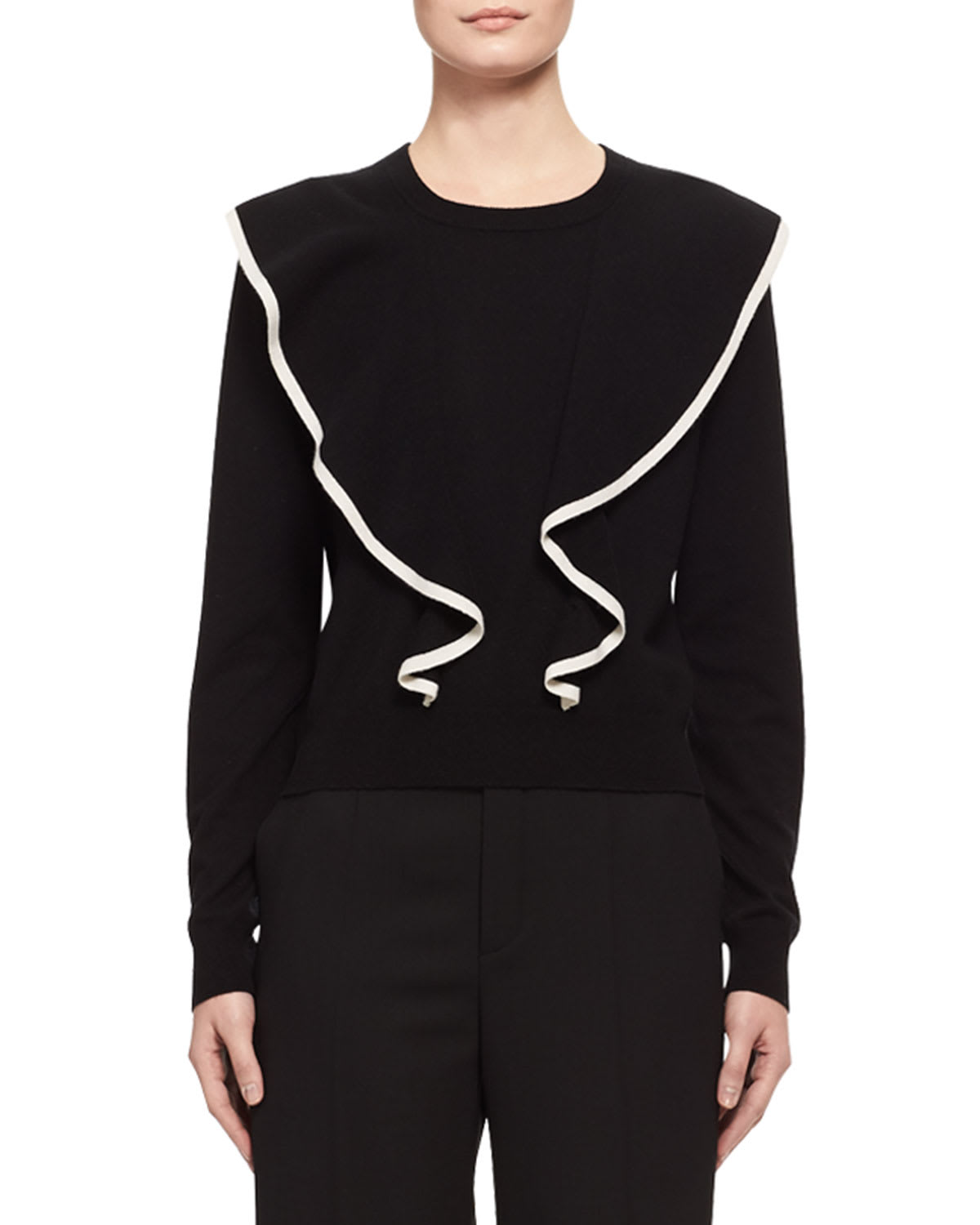 Chloe RuffleFront CashmereCotton Sweater, Black/White