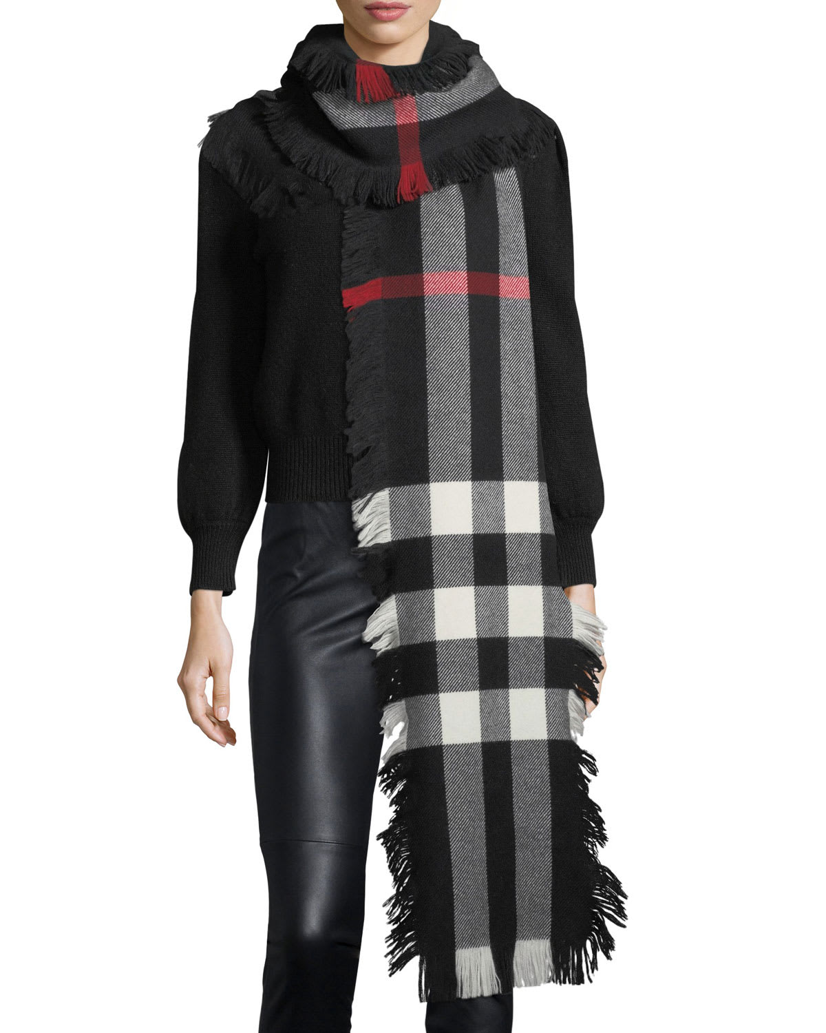 Burberry Half Mega Check Fashion Fringe Wool Scarf, Black
