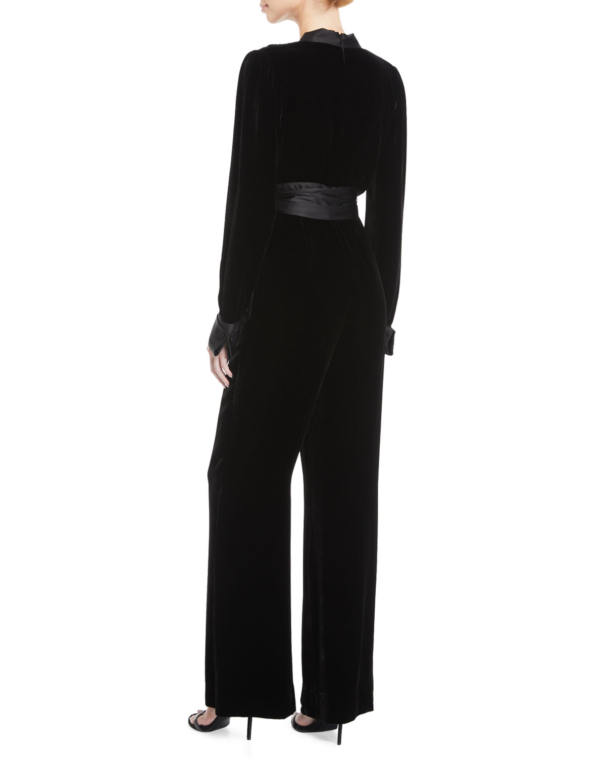 Diane von Furstenberg Velvet Long Sleeve V Neck Jumpsuit w Sash