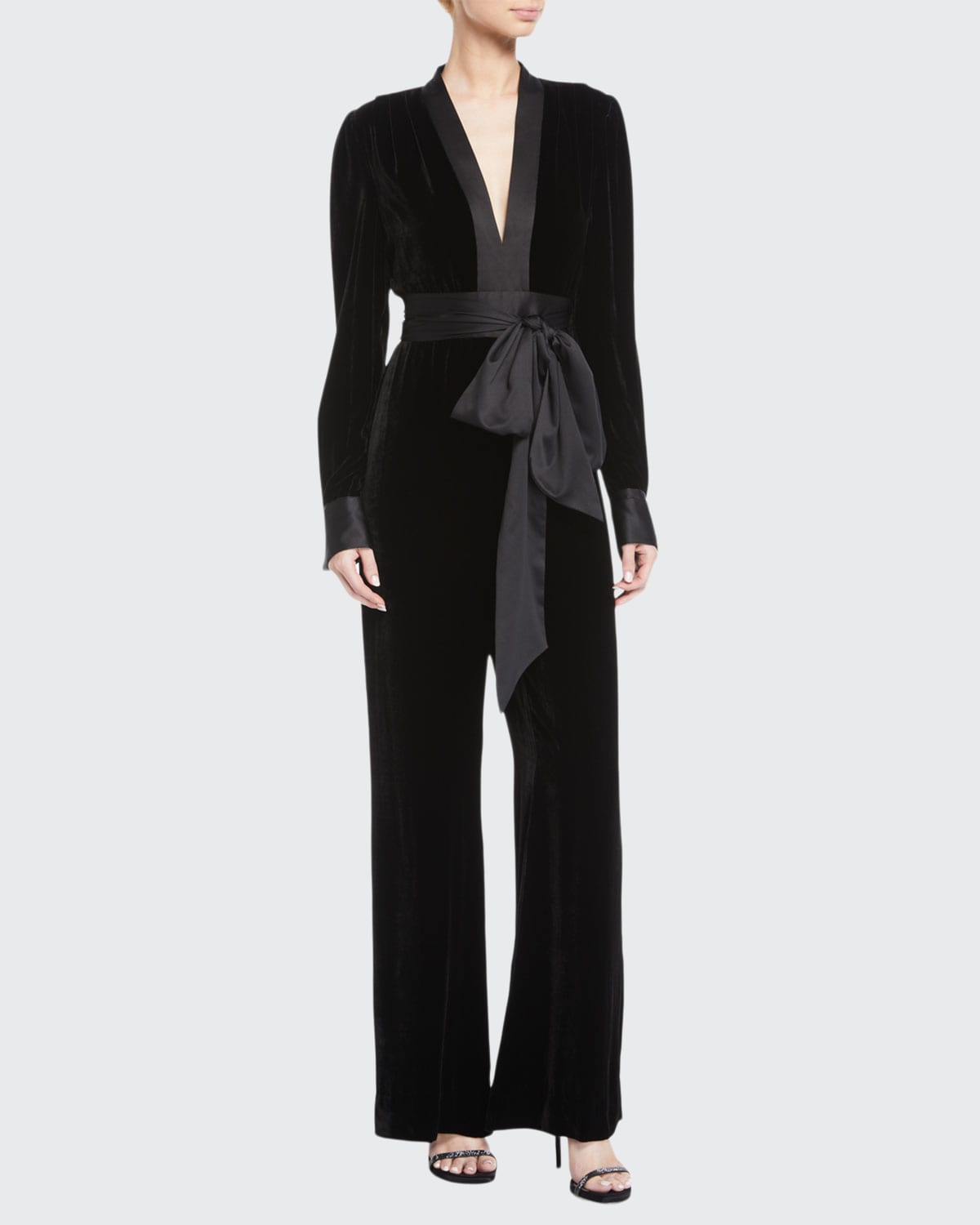 Diane von Furstenberg Velvet Long Sleeve V Neck Jumpsuit w Sash