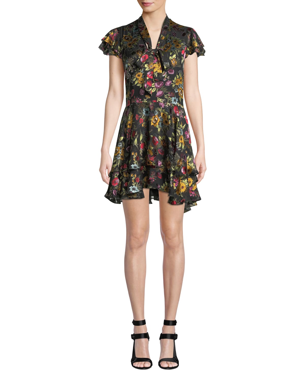 Moore Tie V Neck Cap Sleeve Layered Floral Print Velvet Mini Dress