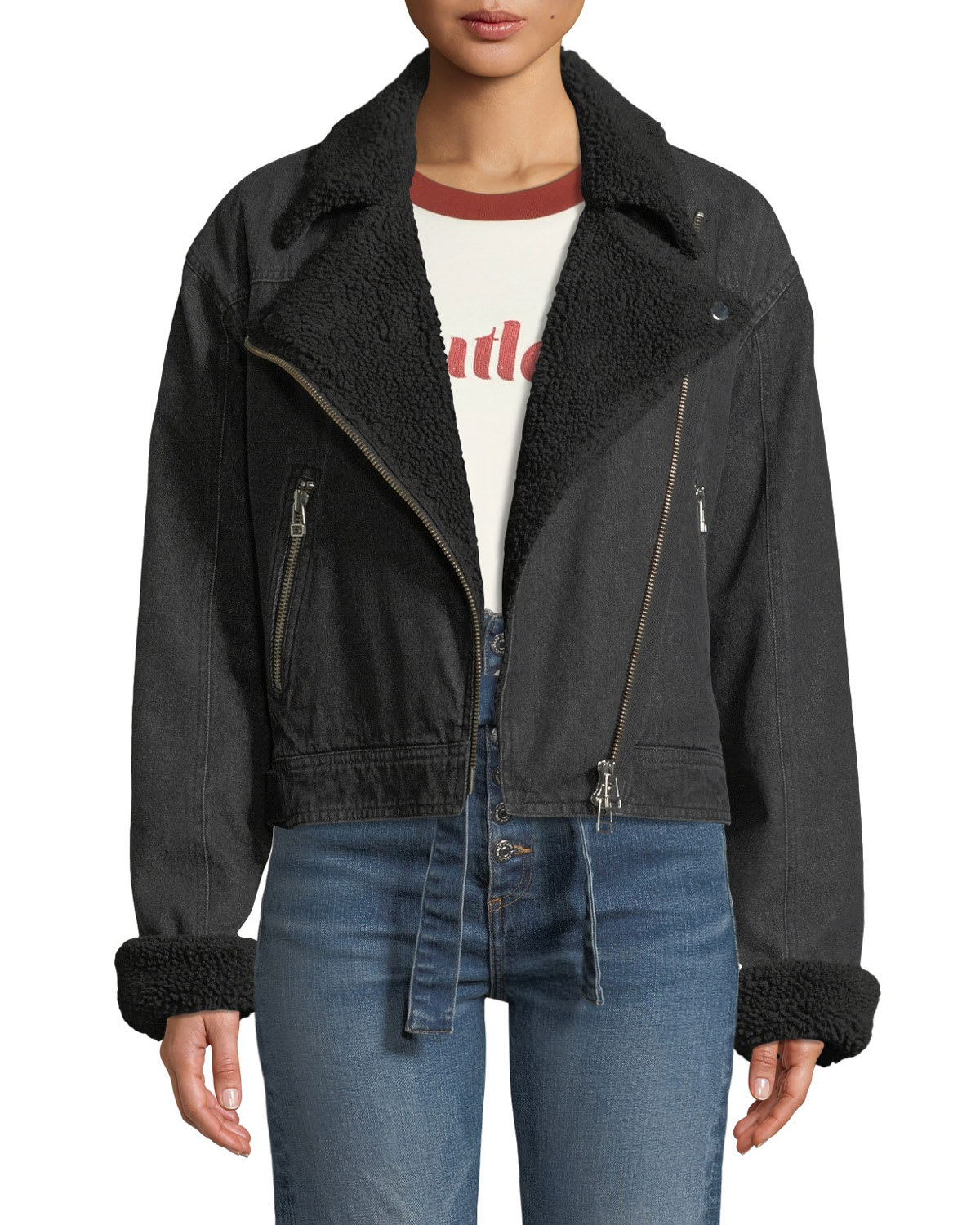 Rosina Denim Moto Jacket with Sherpa Lining