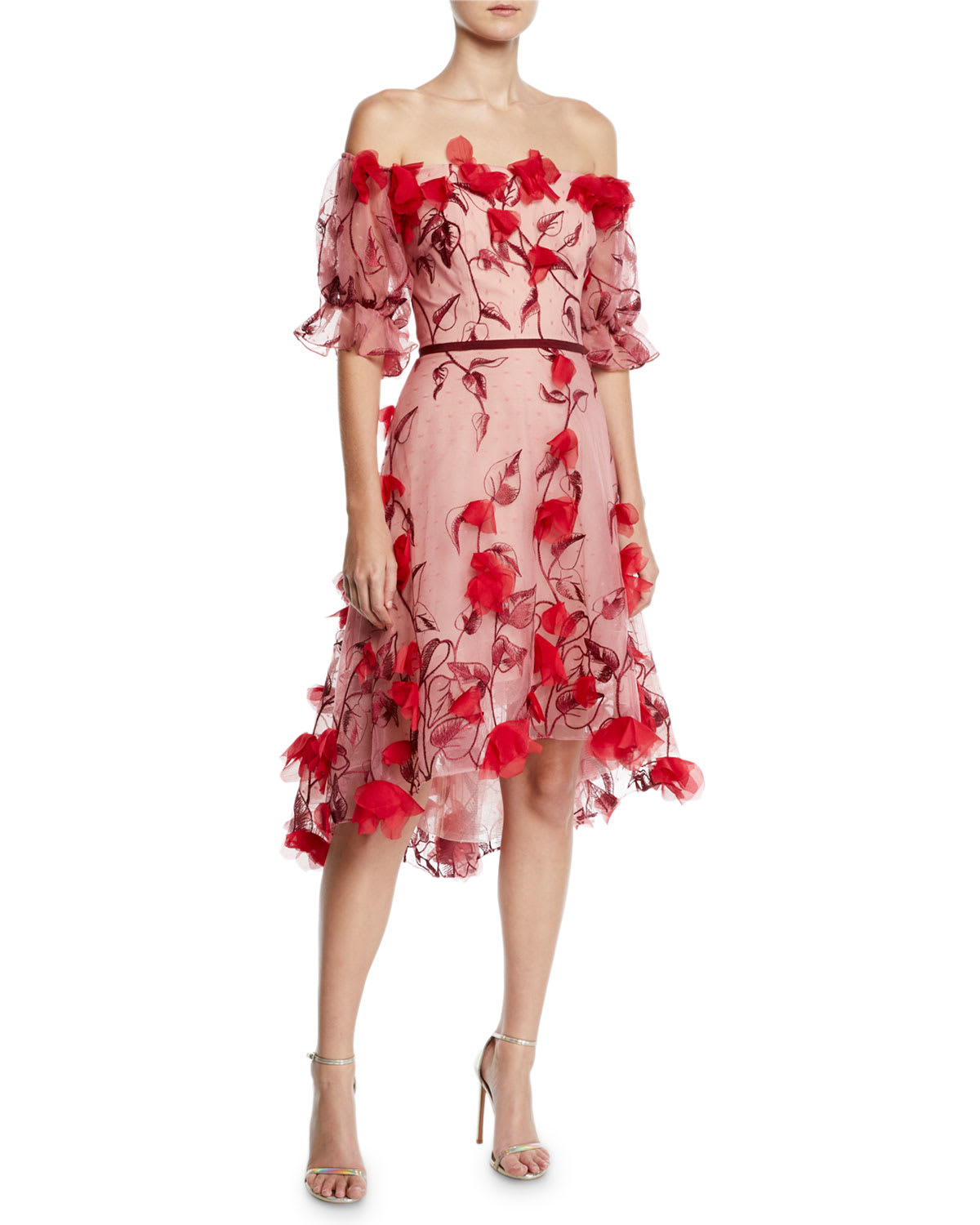 Marchesa Notte Off the Shoulder 3D Floral Embroidered Cocktail Dress