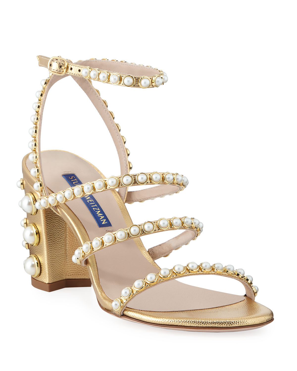 Stuart Weitzman Peridot Pearly Embellished Sandals Gold
