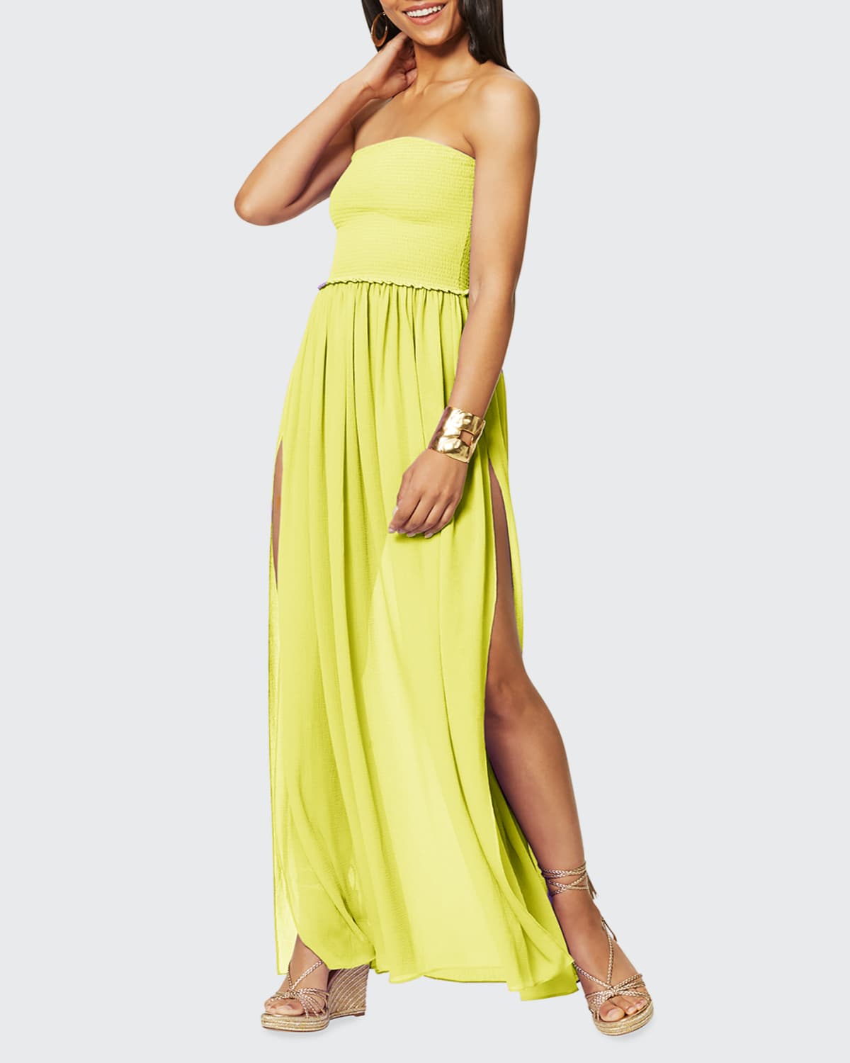 Calista Smocked Strapless Side-Split Coverup Dress