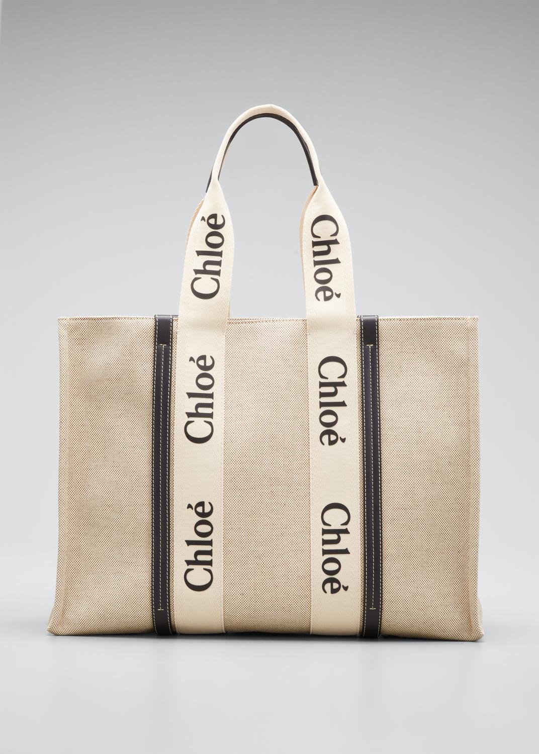 chloe woody large logo canvas shopper tote bag