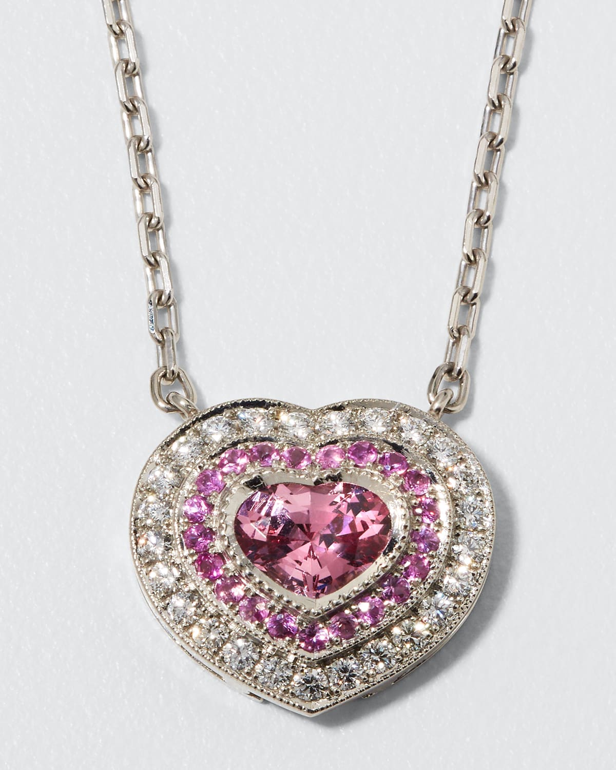 Pink Spinel Heart Necklace with Diamonds and Sapphires