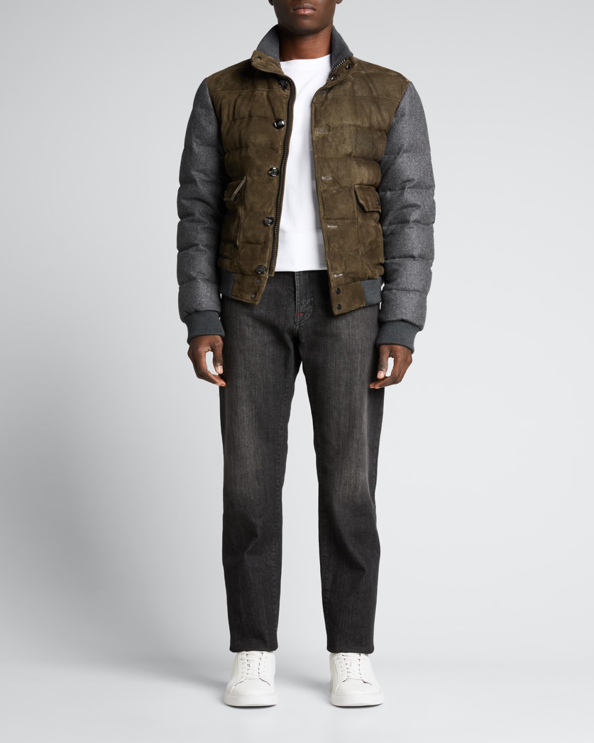 Kiton Men's Suede/flannel Puffer Jacket In Brown Multi ModeSens