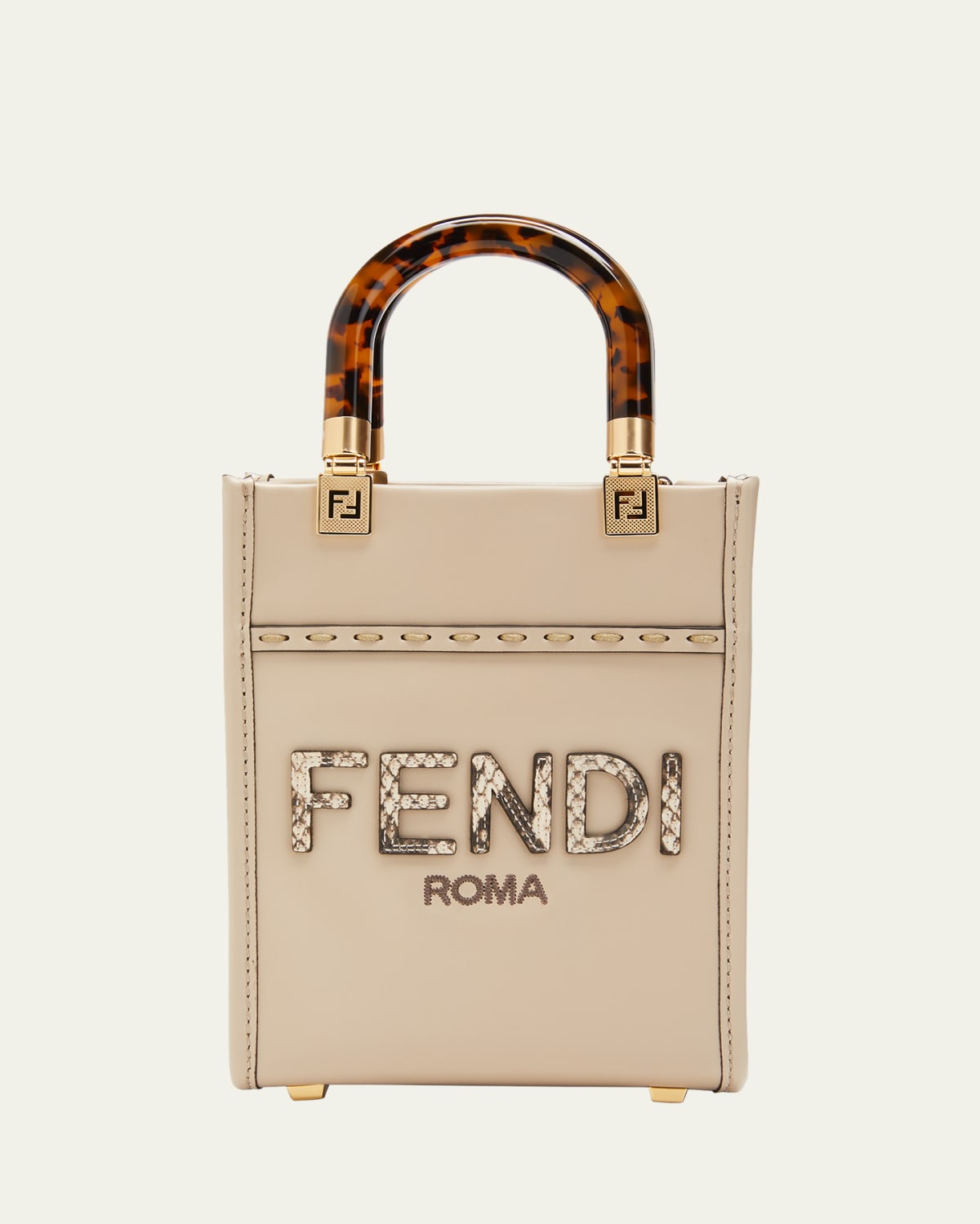 Fendi Mini Sunshine Shopper Bag In ROMA Logo FF Motif Fabric Brown