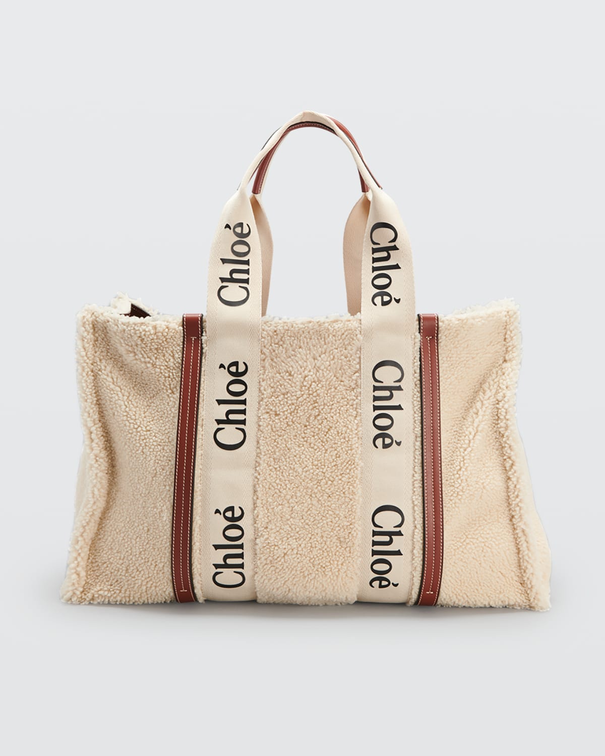 Woody Shearling & Leather East-west Tote Bag In Mild Beige