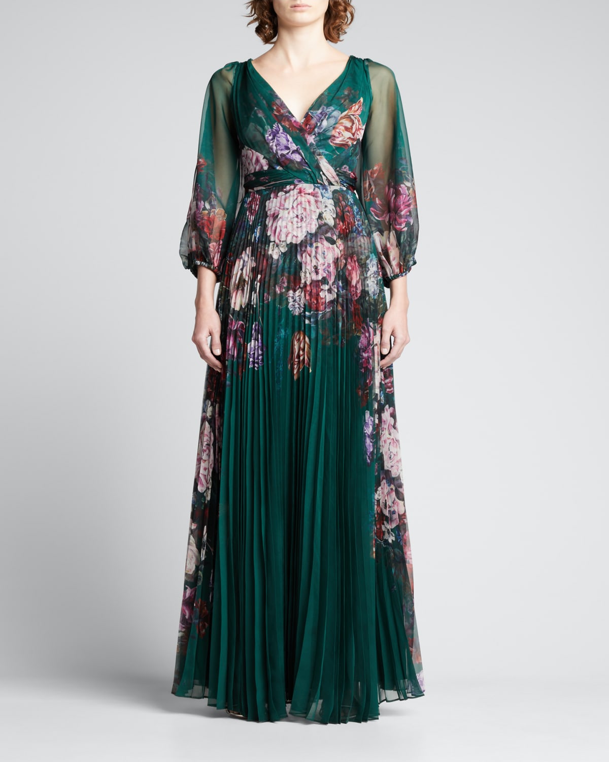 marchesa notte plunge neck embroidered gown