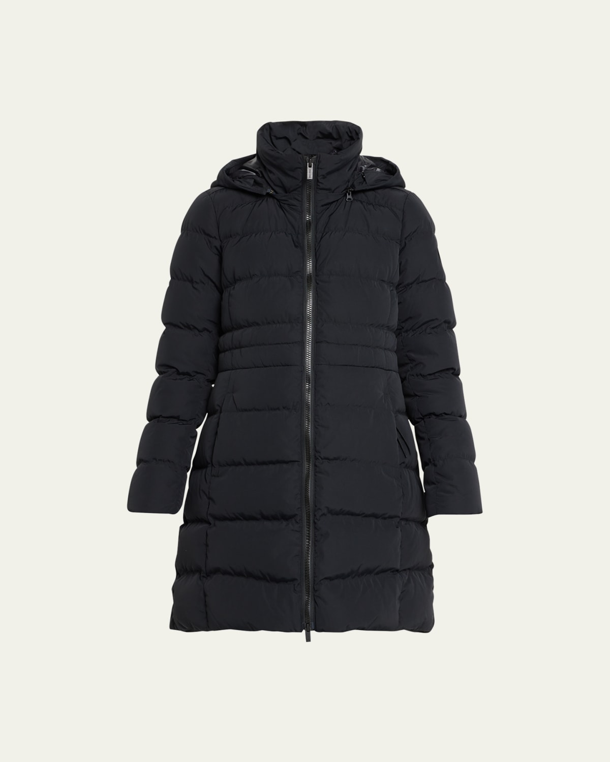 Nylon Midi Puffer Coat with Knit Trim