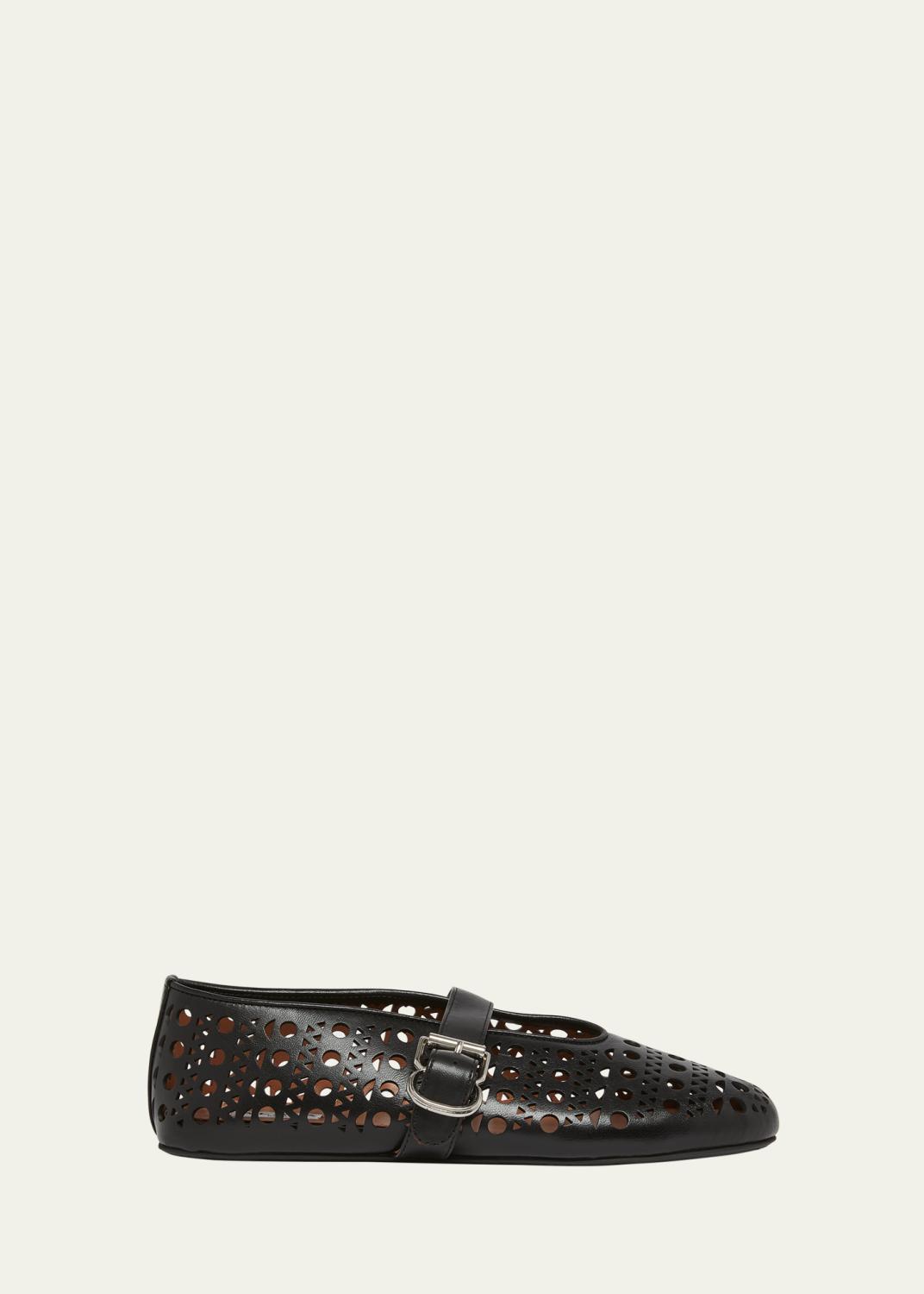 ALAÏA Vienne Buckle Eyelet & Laser-Cut Leather Ballet Flats