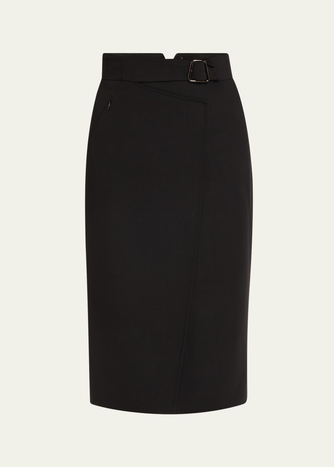 Akris Asymmetric Trapezoid Wool Flannel Double-Face Midi Skirt