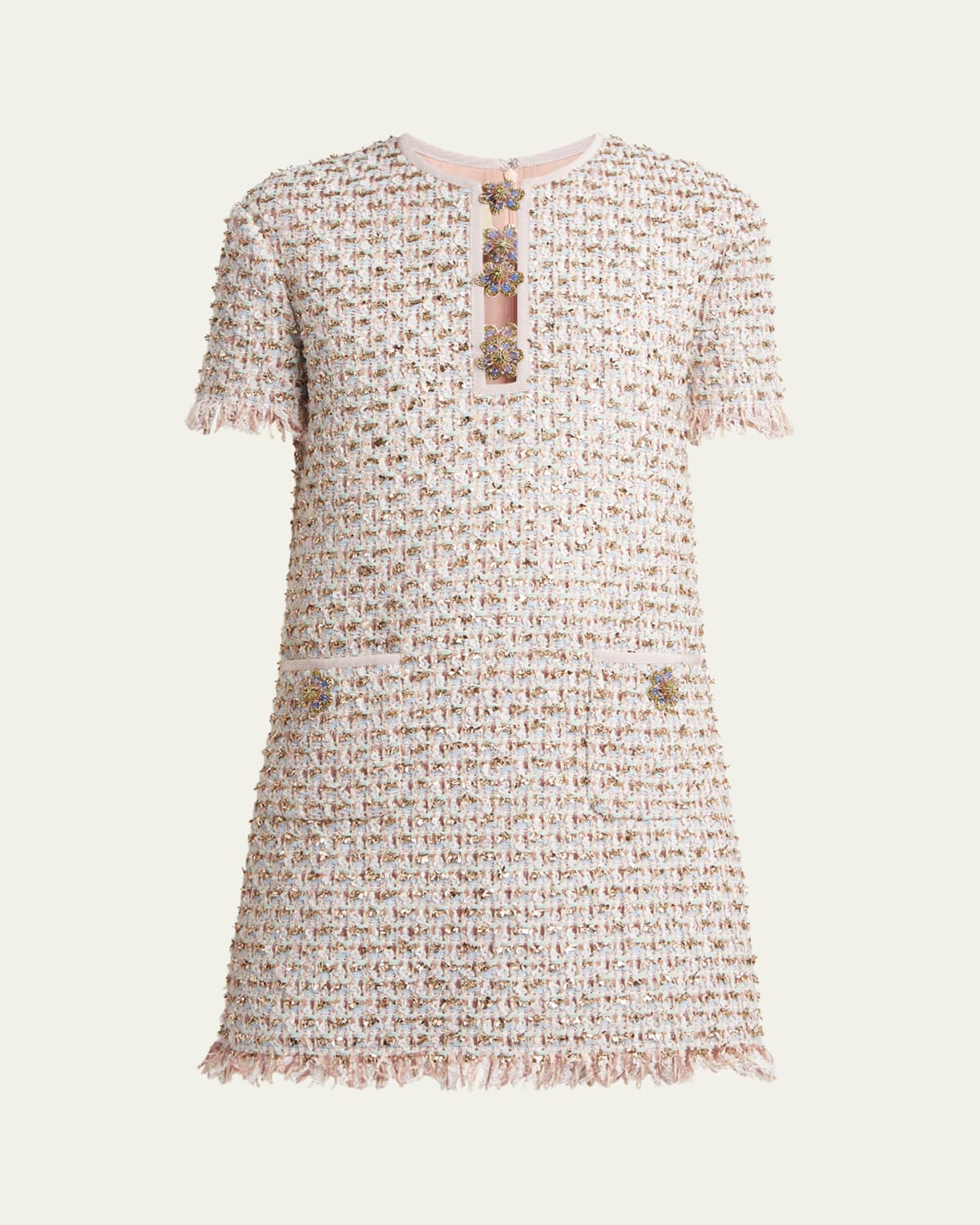 Fern Embroidered 3/4-Sleeve Belted Tweed Mini Dress