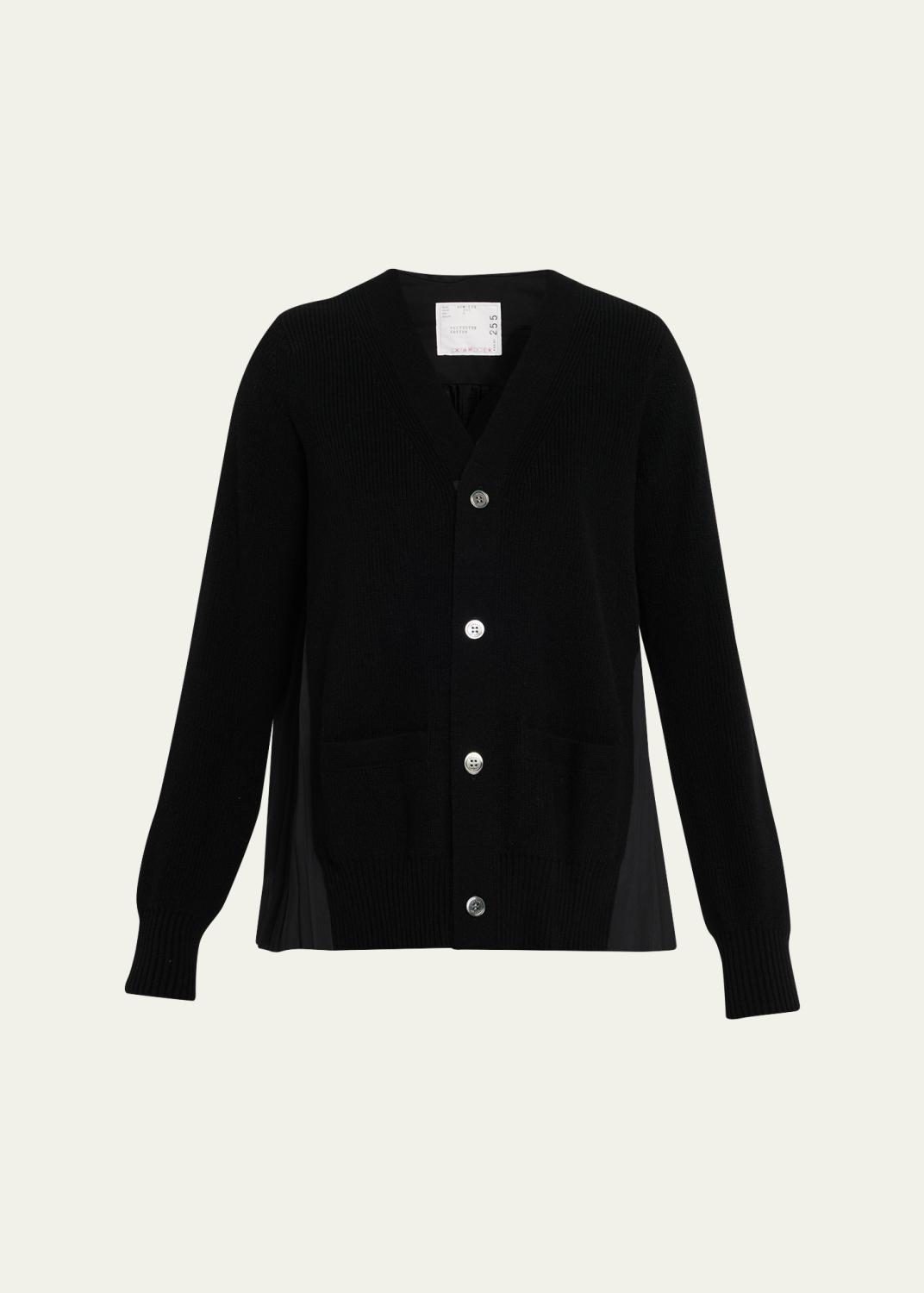 sacai Mixed-Media Denim Short-Sleeve V-Neck Cardigan - Bergdorf 