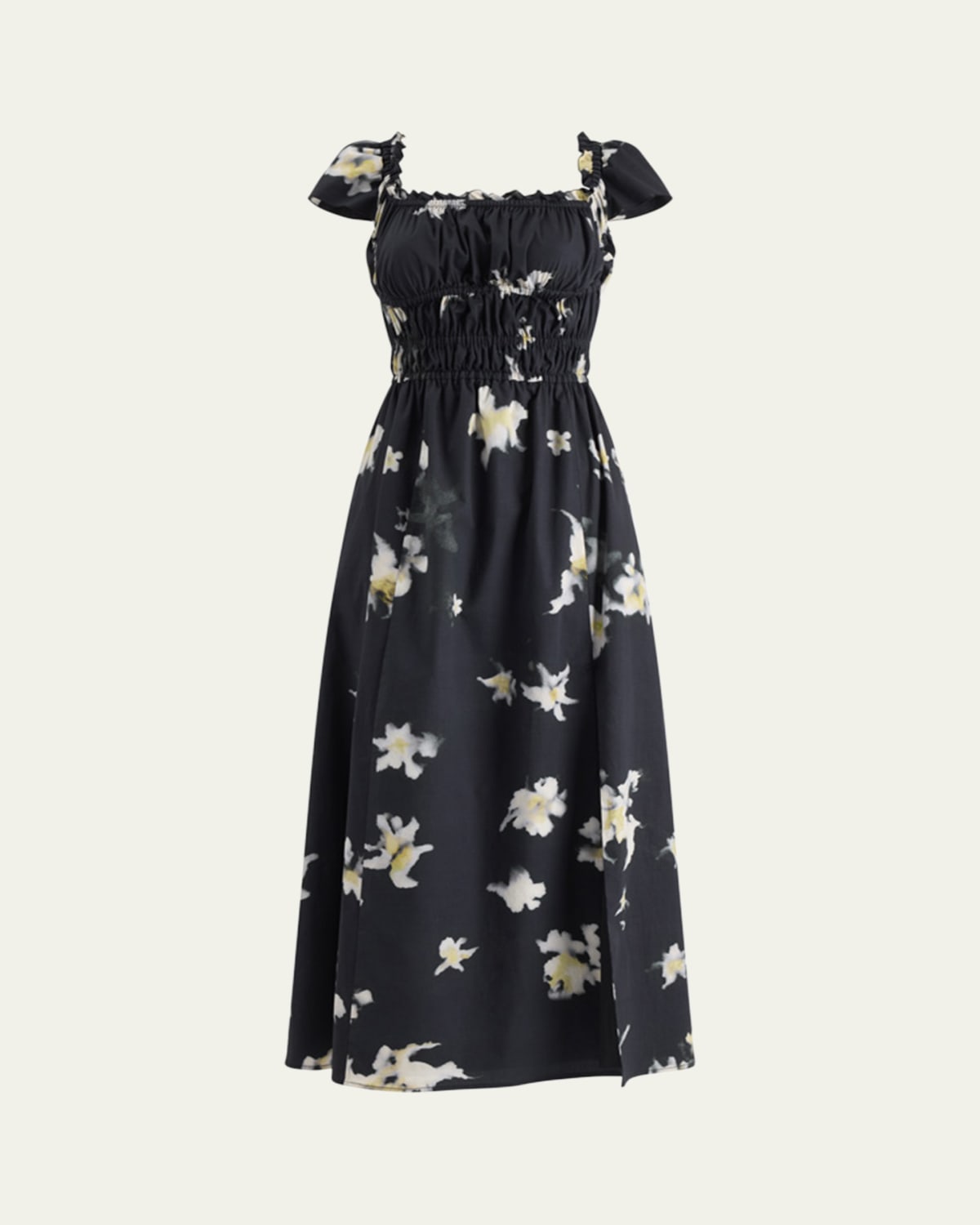 Pleated Puff-Sleeve Midi Dress