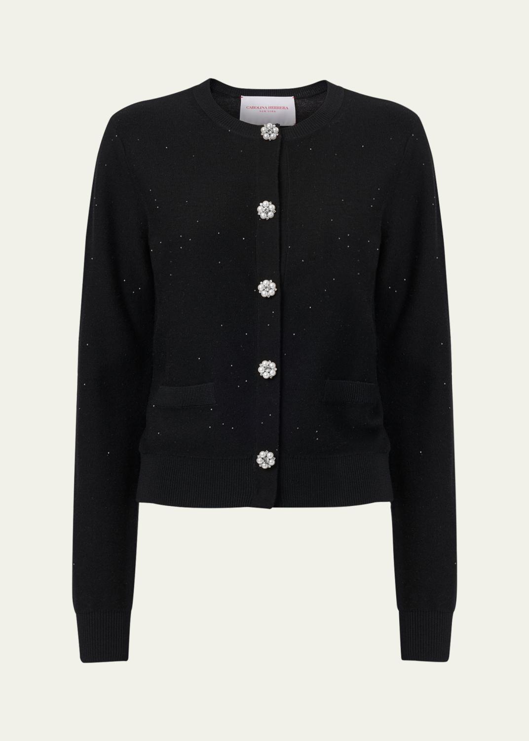 Oscar de la Renta Floral Embroidered Wool Crewneck Cardigan 