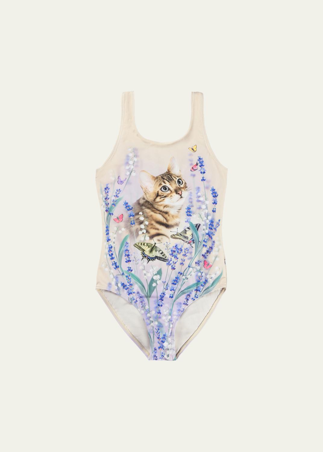 Burberry Girl's Fern Ruffled One-Shoulder Check One-Piece Swimsuit