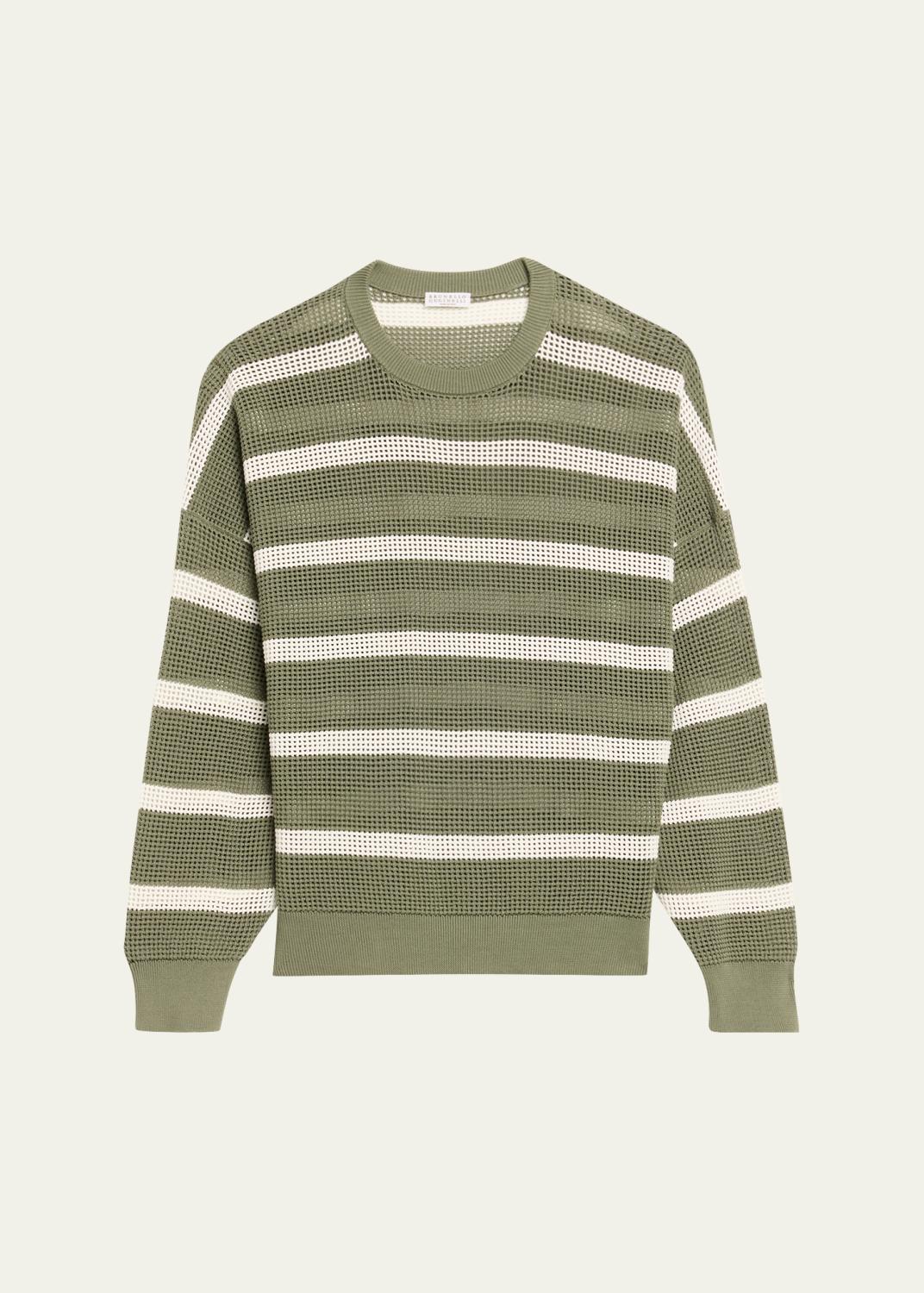 Giorgio Armani Striped Linen Open-Knit Crewneck Sweater - Bergdorf